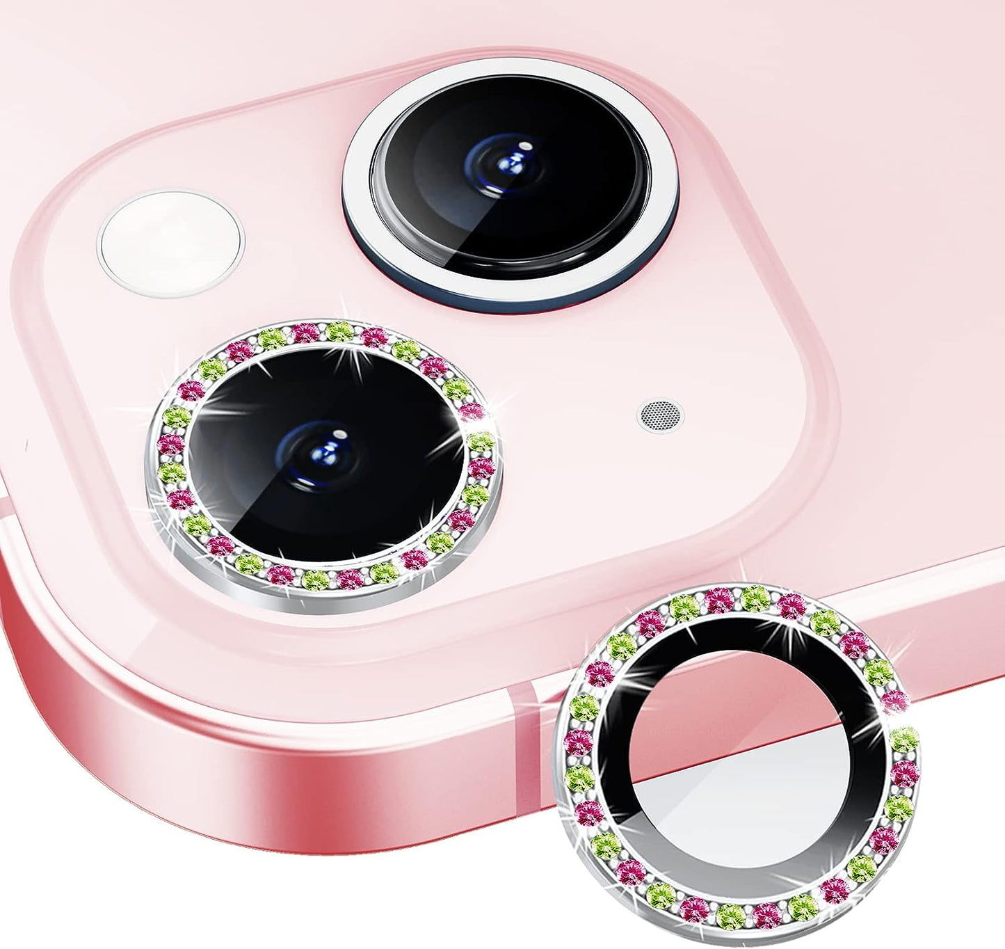 Xfilm Bling Diamond Camera Lens Protector for Iphone 13 / Iphone 13 Mini, HD Clear Tempered Glass Camera Lens Screen Protection Cover, Case Friendly, Scratch Proof (Diamond Pink)  Xfilm Pink Green  