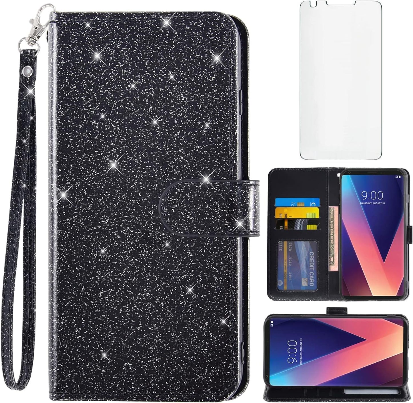 Asuwish Phone Case for LG V35 Thinq V30 plus with Tempered Glass Screen Protector and Glitter Wallet Cover Card Holder Slot Stand Flip LGV30 LGV35 LG30 LG35 V 30 35 V30+ 30+ V30S H931 Women Men Red  Asuwish Black  