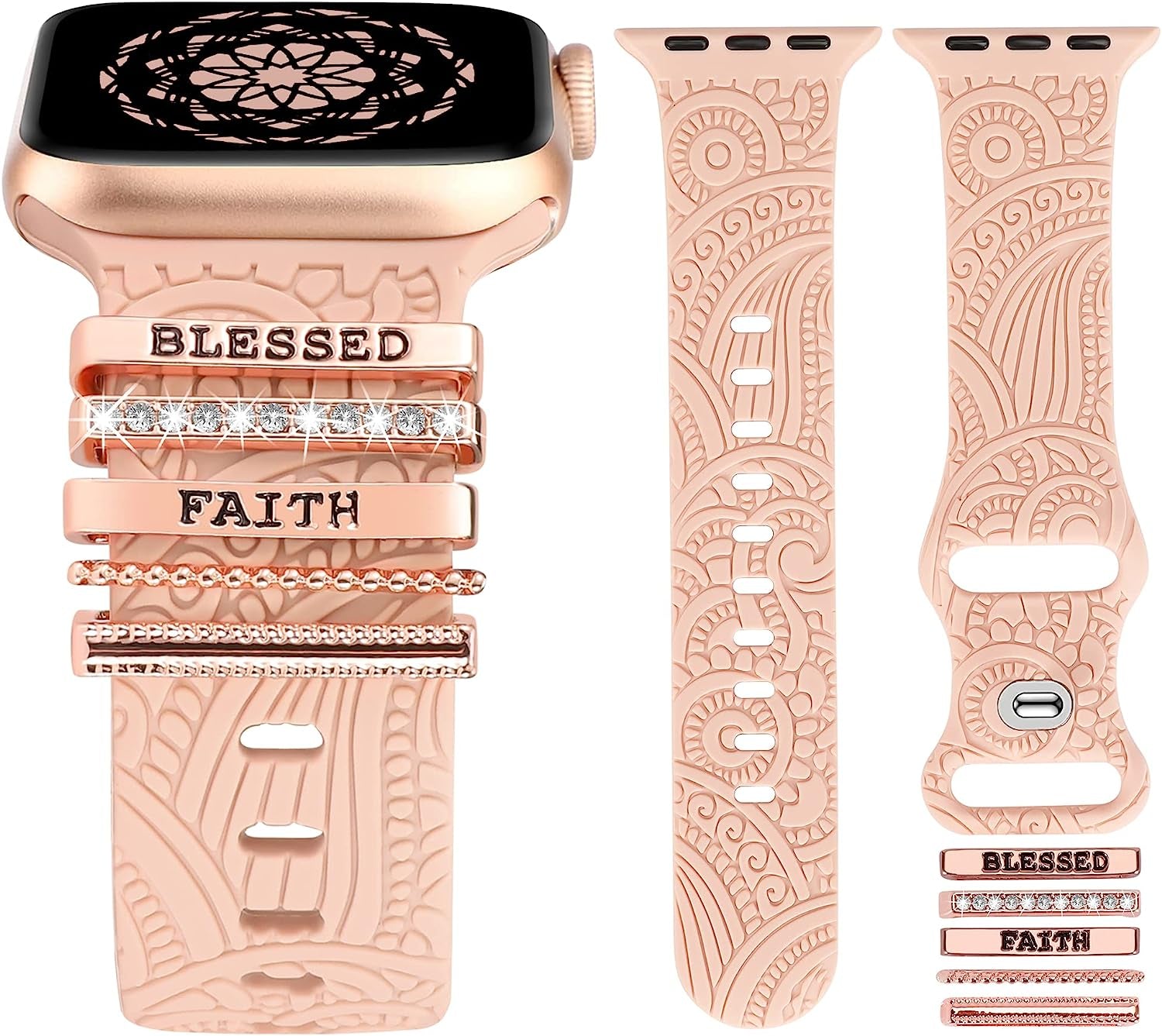 (Include Band) Decorative Ring Loops Compatible with Apple Watch Band Charms 41/40/38/42/44/45/49Mm Women, Boho Engraved Fancy Accessories Silicone Strap for Iwatch Series 8 SE Ultra 7 6 5 4 3 2 1  TOYOUTHS Faith 38/40/41mm 