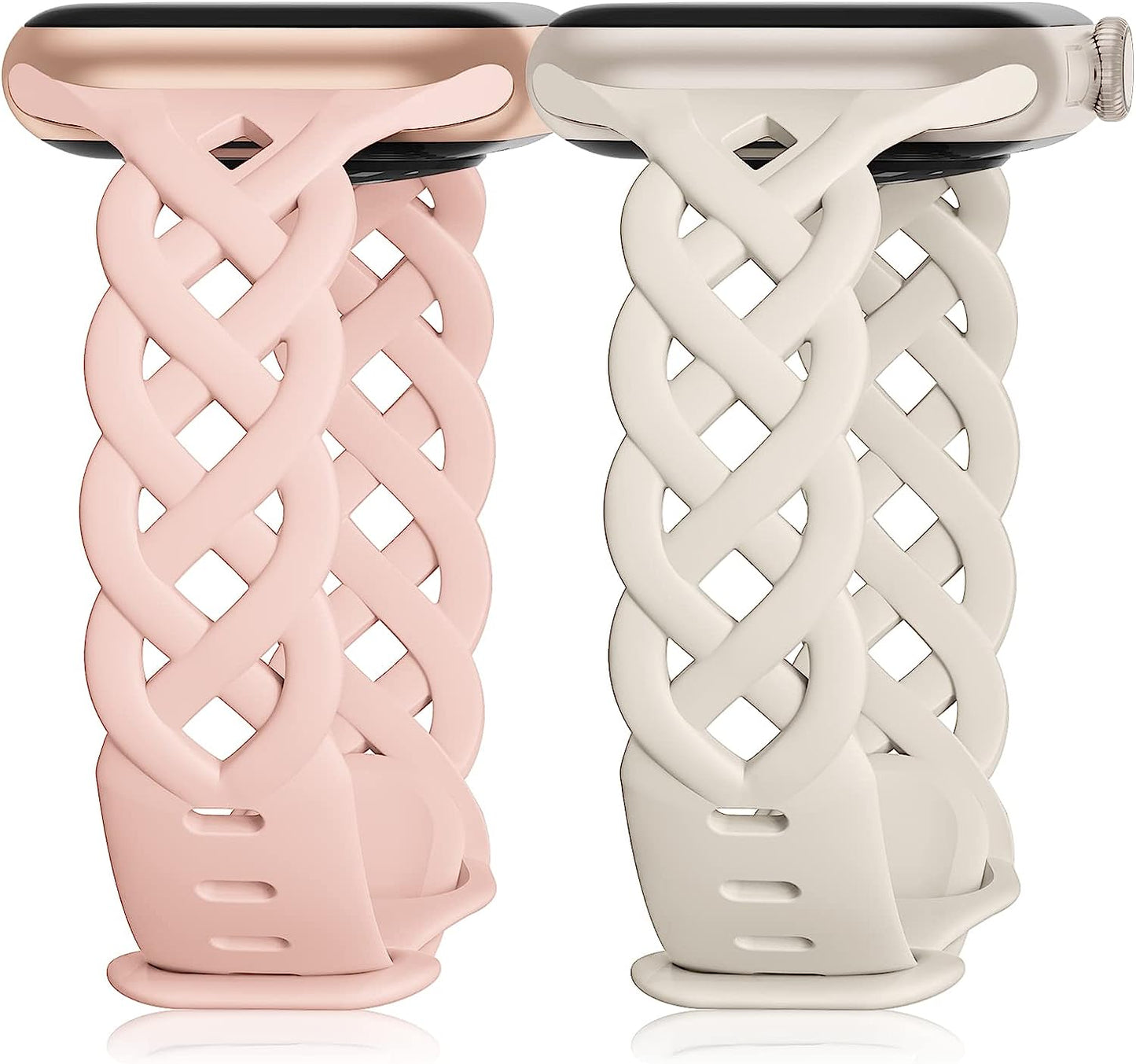 Braided Silicone Bands Compatible with Apple Watch 38Mm 40Mm 41Mm for Women, Slim Thin Narrow Hollow-Out Replacement Strap Cute Wristbands Adjustable for Iwatch Series SE 8/7/6/5/4/3/2/1 Women 2 Pack  Bandiction Sand Pink/Starlight 42mm/44mm/45mm/49mm 