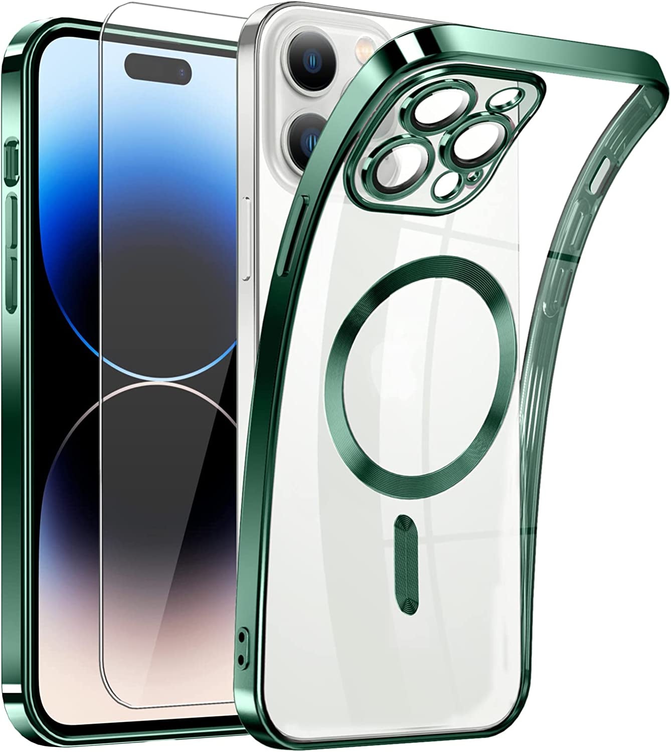 Magnetic Clear for Iphone 14 Pro Max Case with Magsafe [Integrated Camera Glass] Women Phone Case [Original Iphone Exterior] Silicone Cover Slim Thin [Non-Yellowing] Anti-Fingerprint Scratch Men  DOSNTO Green Iphone 14 Pro 6.1 Inch 