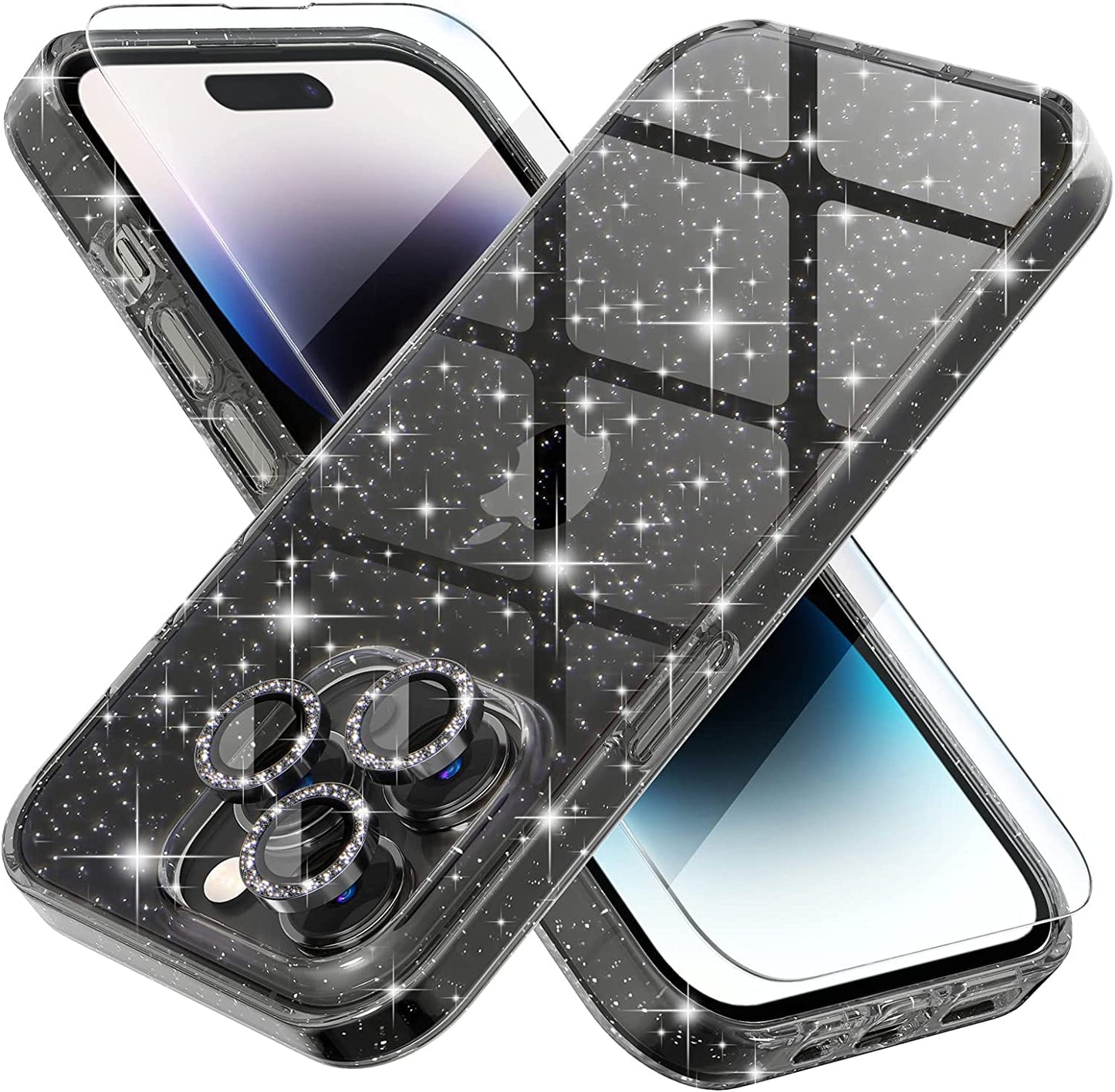 Choiche Compatible for Iphone 14 Case Cute, Women Clear Glitter Bling Sparkly Case, [2 X Diamond Camera Lens Protectors] [2 X Tempered Glass Screen Protectors] 6.1-Inch (Glitter Black)  Choiche Glitter Black iPhone 14 Pro 