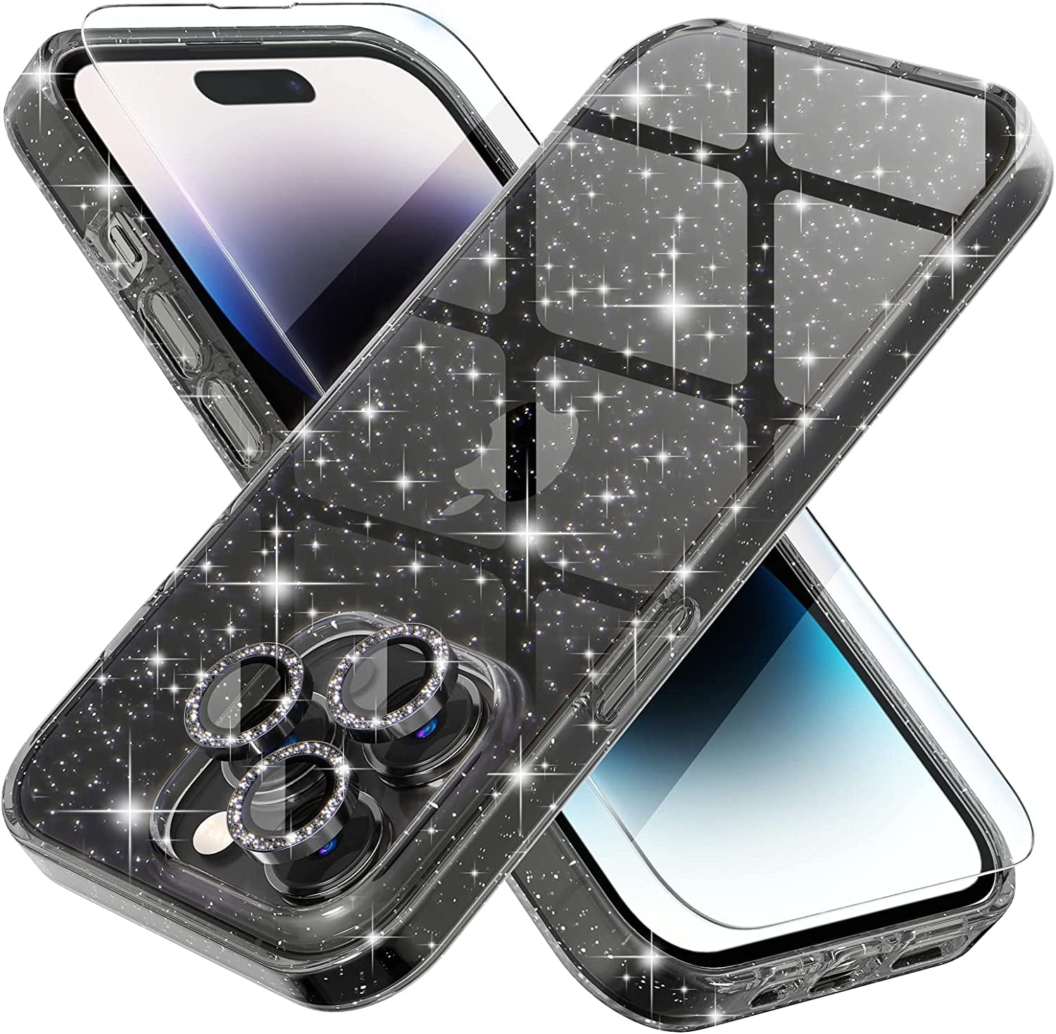 Choiche Compatible for Iphone 14 Pro Max Case Cute, Women Clear Glitter Bling Sparkly Case, [3 X Diamond Camera Lens Protectors] [2 X Tempered Glass Screen Protectors] 6.7-Inch (Glitter Clear)  Choiche Glitter Black Iphone 14 Pro 