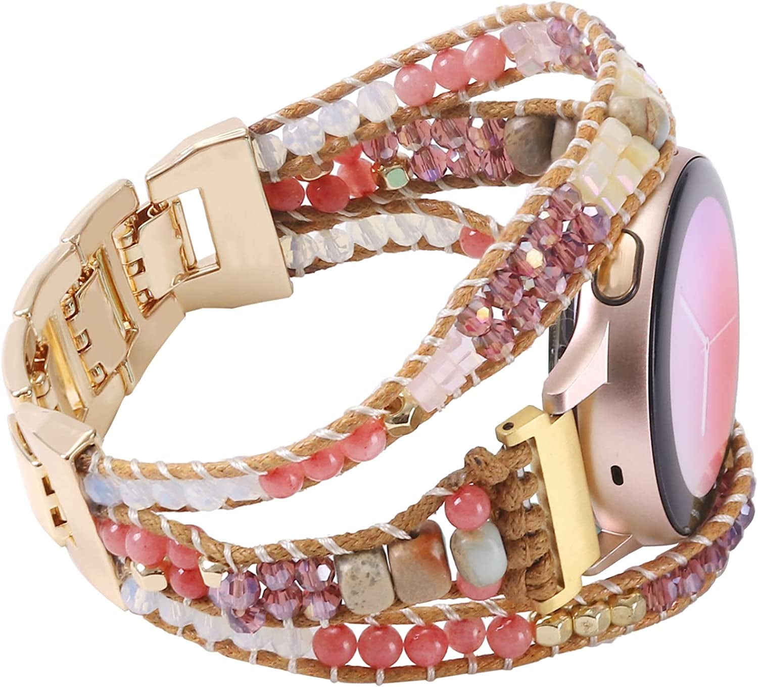 20Mm Boho Beaded Bracelet for Samsung Galaxy Watch 4/5 Band/Active 2 Watch Bands 40Mm 44Mm, Galaxy Watch 5 Pro Band, Multilayer Wraps Natural Stone Strap for Watch 4 Classic 42Mm 46Mm/Watch 3 41Mm  WONMILLE Purple Pink  