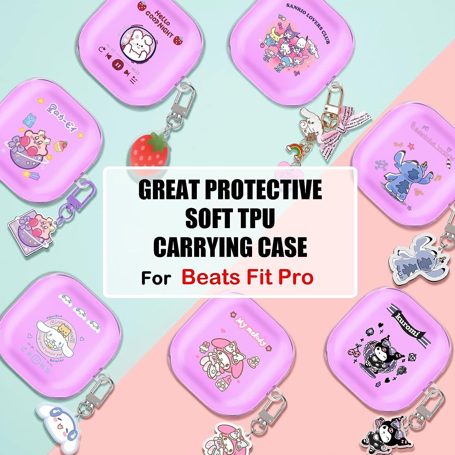 Cute Rabbit Case Compatible with Beats Fit Pro Clear Case with Kawaii Strawberry Bunny Keychain for Women Girls Kids Soft Silicone Anime Cover for Beats Fit Pro  CameCosy   