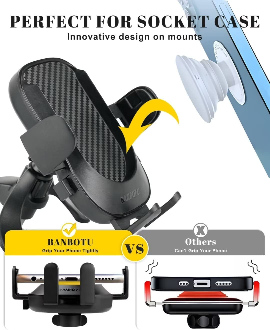 BANBOTU Car Phone Holder Mount - Socket Grips Pop Cradles Friendly, Hands-Free 360° Rotatable & Anti-Shake Air Vent Mount, Universal Car Phone Holder Compatible with Thick Case & All Mobiles  BANBOTU   