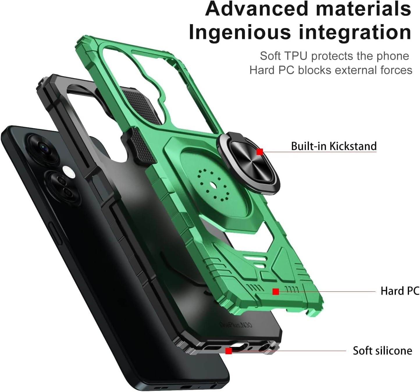 TJS Compatible for Oneplus Nord N30 5G Case, with Tempered Glass Screen Protector, Metal Ring Magnetic Support Kickstand Heavy Duty Drop Protection Cover Phone Case (Green)  TJS   