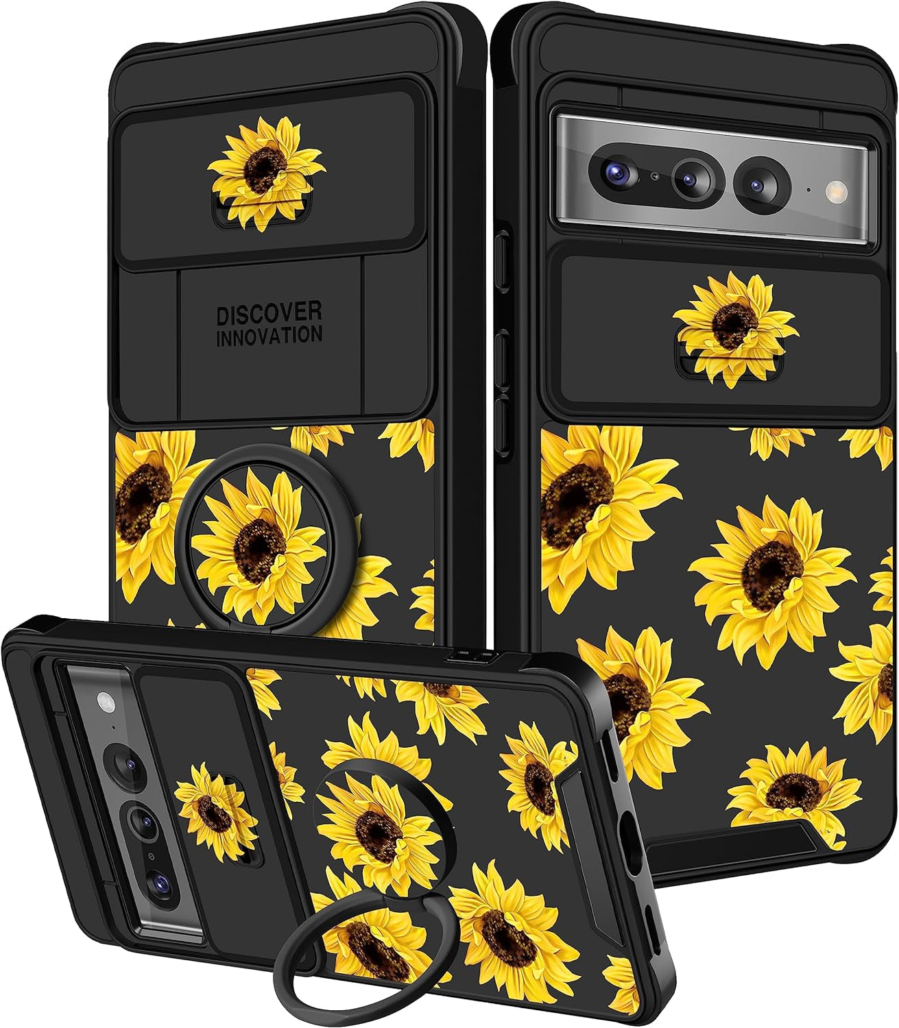 Funermei (2In1 for Google Pixel 7 Pro Case for Women Cute Butterfly Phone Cover Girls Teens Flower Pretty Aesthetic Green Design with Camera Cover and Ring Stand Funda for Google Pixel Pro 7 Case  Funermei 2-For Pixel 7 Pro-Sunflower  