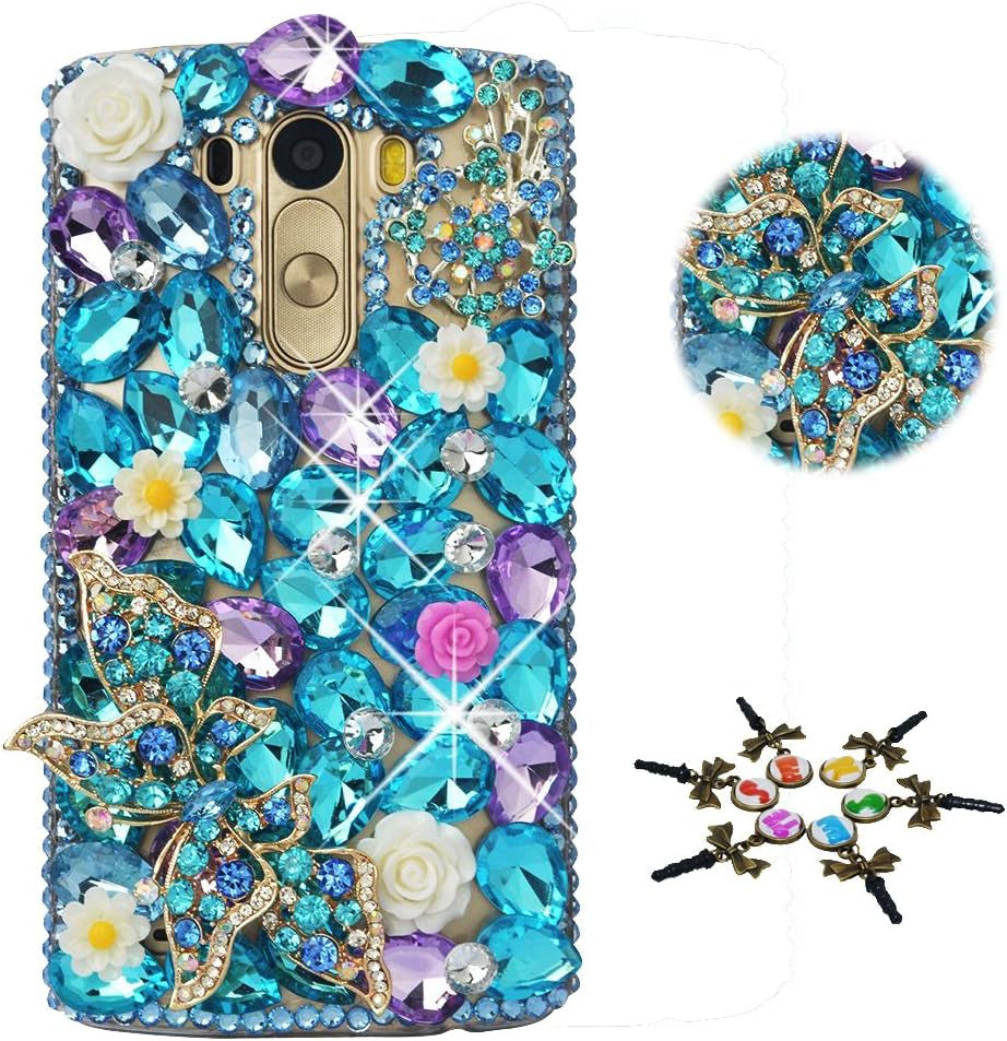 STENES LG G7 Thinq Case - STYLISH - 100+ Bling - 3D Handmade Butterfly Rose Flowers Design Protective Case for LG G7/LG G7 Thinq - Purple&Blue  STENES   