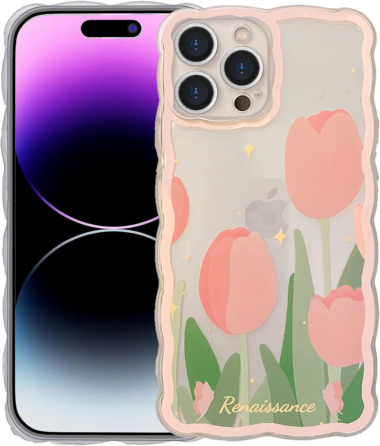GUSDBSW Cute Iphone 14 plus Case for Women Girls, Lovely Floral Strawberry Pattern Wave Comfortable Grip Design for Girly, Slim Thin Soft Flexible TPU Clear Protective Phone Case - Blueberry Flower  GUSDBSW Tulip Flower Iphone 14 Pro 