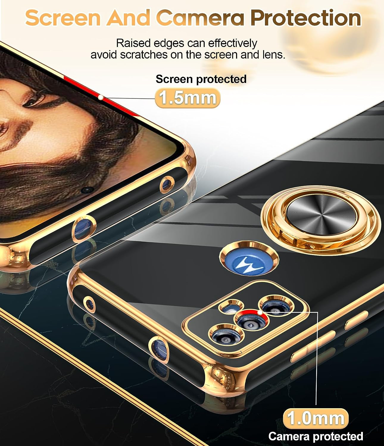 Leyi for Moto G Play 2023 Phone Case: with Tempered Glass Screen Protector [2 Pack] 360° Rotatable Ring Holder Magnetic Kickstand, Plating Rose Gold Edge Protective Case, Black  LeYi   