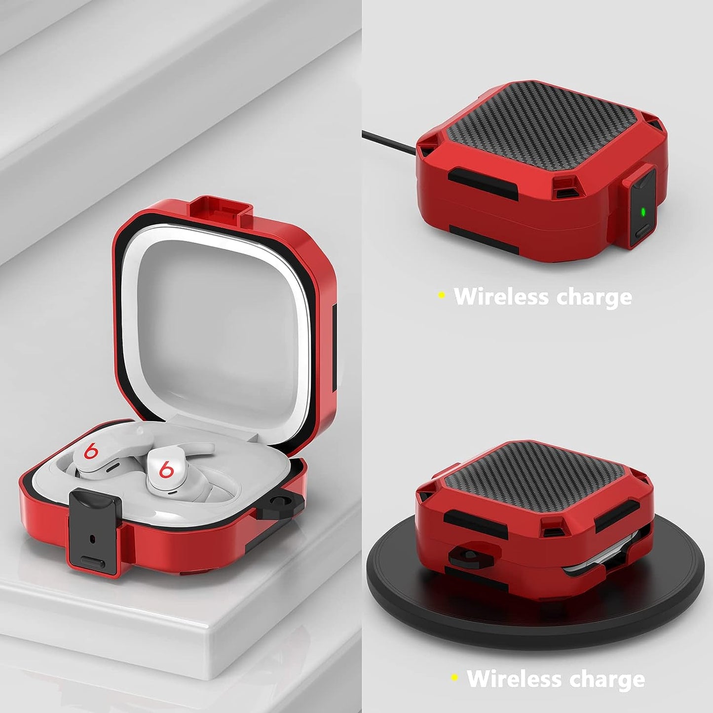 Wowwat Compatible Beats Fit Pro Case Cover with Lock Clip,Carbon Fiber Texture Full Body Rugged Case for Men Women Shockproof,With Beats Accessories Carbon Fiber Keychain/Storage Box (Red)  Wowwat   