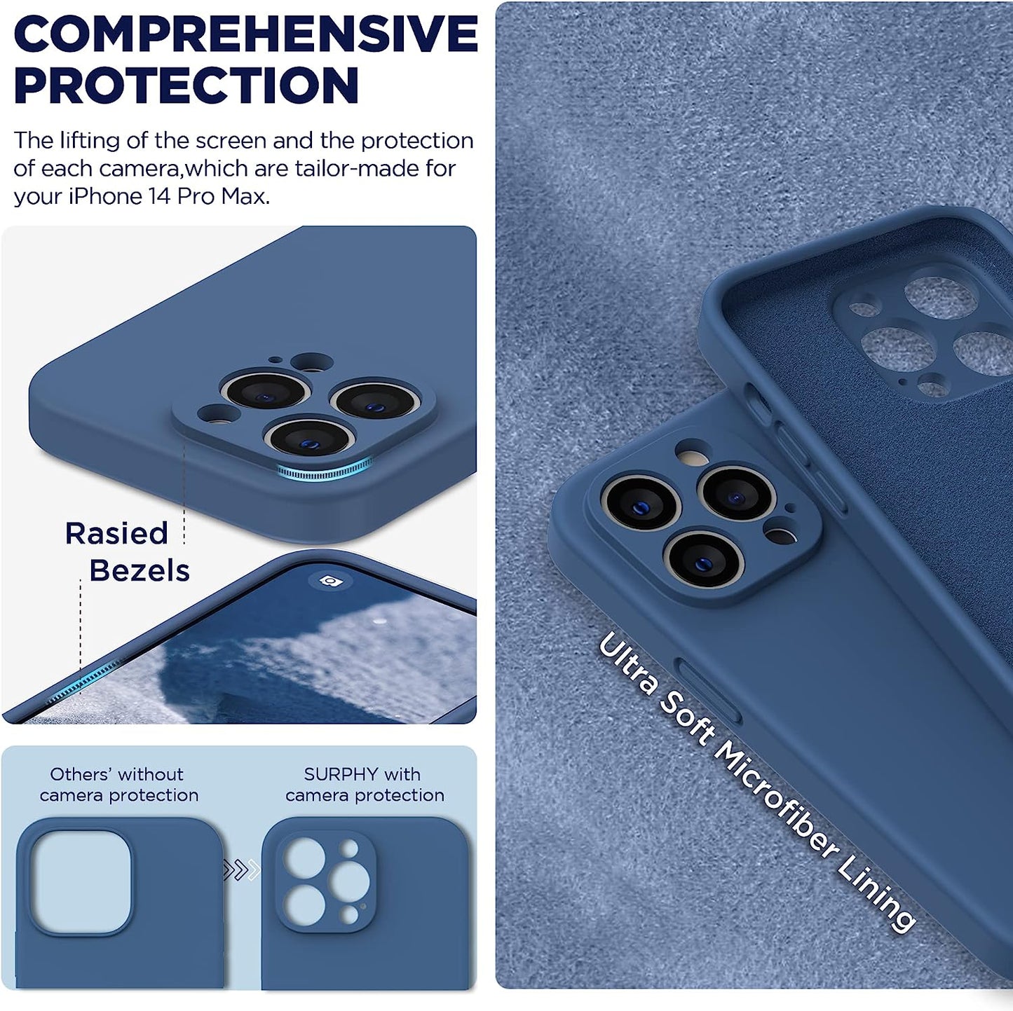 SURPHY Designed for Iphone 14 Pro Max Case with Screen Protector, (With Camera Protection + Soft Microfiber Lining) Liquid Silicone Phone Case, Blue Jay  SURPHY   