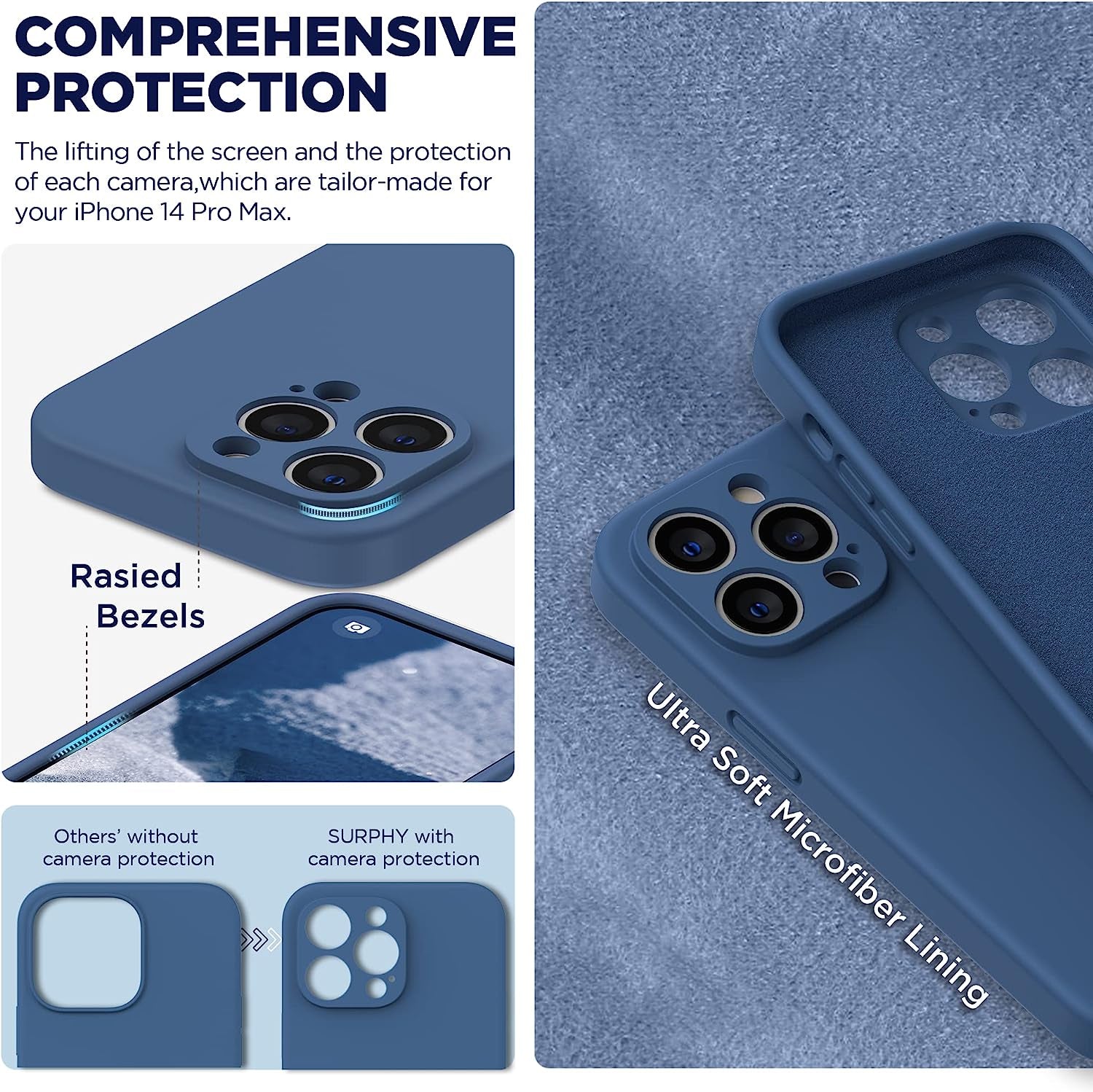SURPHY Designed for Iphone 14 Pro Max Case with Screen Protector, (With Camera Protection + Soft Microfiber Lining) Liquid Silicone Phone Case, Blue Jay  SURPHY   