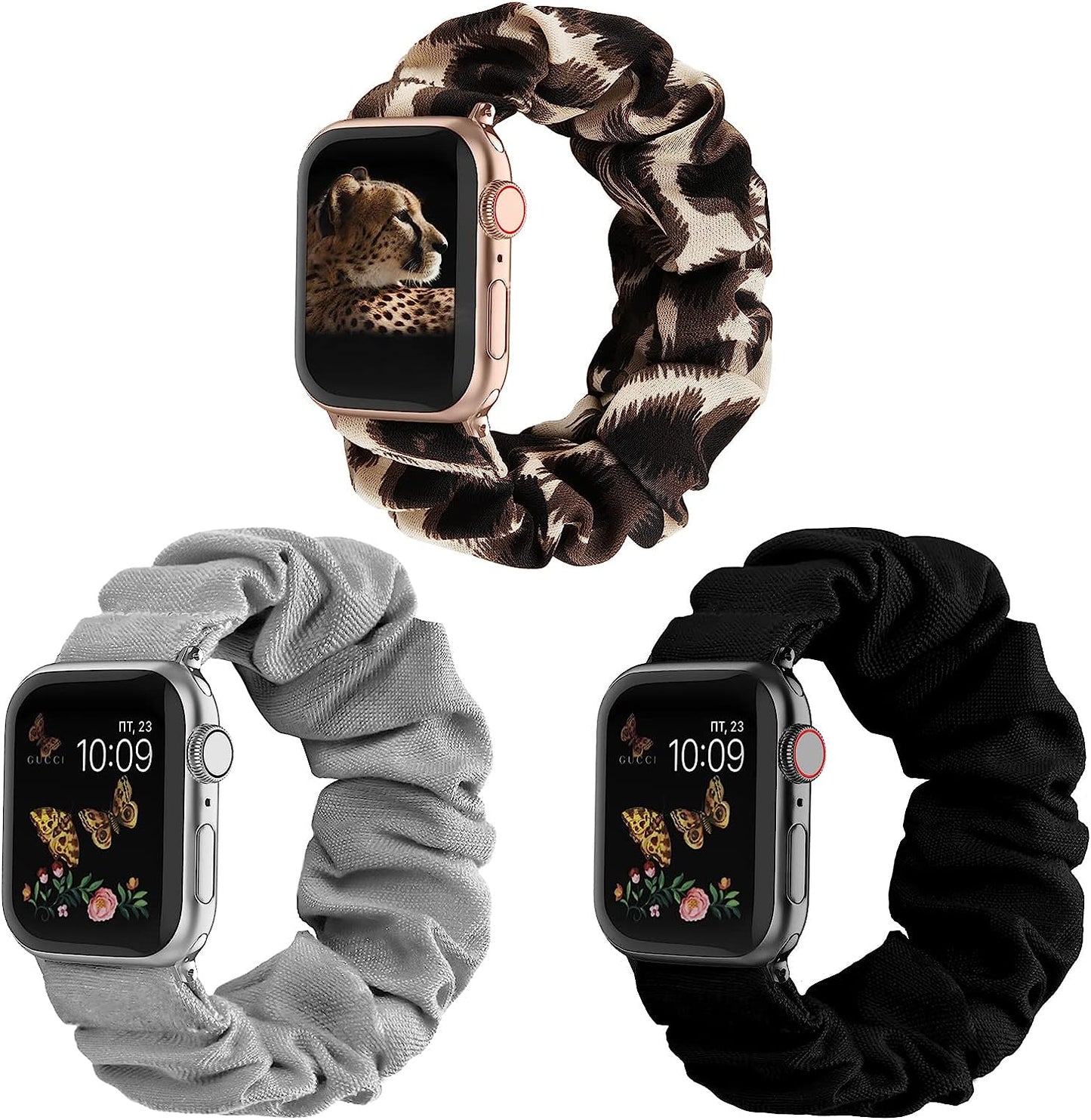 Recoppa Compatible for Scrunchie Apple Watch Band 38Mm 41Mm 42Mm 40Mm 44Mm 45Mm Cute Print Elastic Watch Bands Women Bracelet Strap for Apple Iwatch Series 7 6 5 4 3 2 1 SE(3 Pack, 38/40/41Mm-Small)  Recoppa Black/Gray/Black Brown 42mm/44mm/45mm-Large 