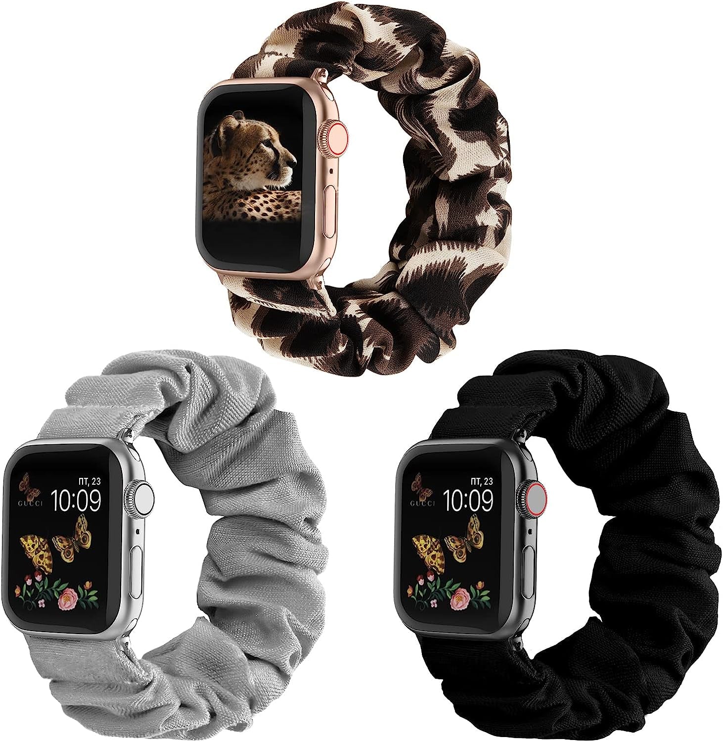 Recoppa Compatible for Scrunchie Apple Watch Band 38Mm 41Mm 42Mm 40Mm 44Mm 45Mm Cute Print Elastic Watch Bands Women Bracelet Strap for Apple Iwatch Series 7 6 5 4 3 2 1 SE(3 Pack, 38/40/41Mm-Small)  Recoppa Black/Gray/Black Brown 42mm/44mm/45mm-Large 
