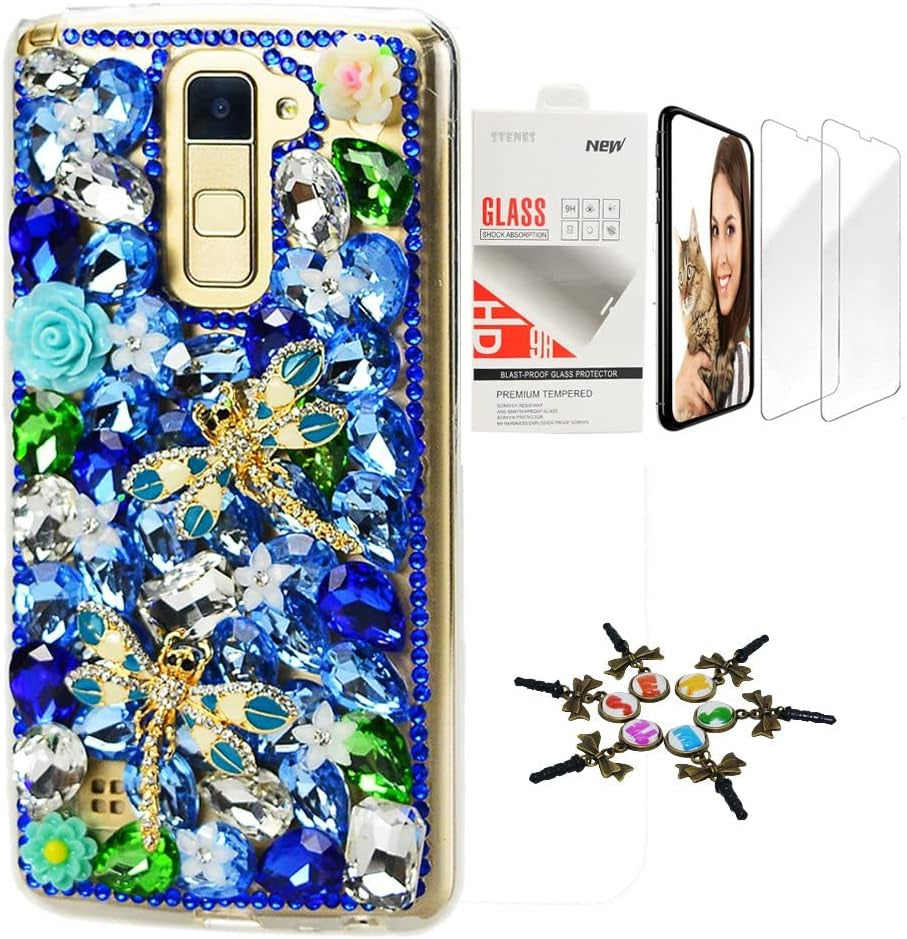 STENES Bling Case Compatible with LG V40 Thinq - Stylish - 3D Handmade [Sparkle Series] Rhinestone Pretty Cat Crown Rose Flowers Design Cover with Screen Protector [2 Pack] - Blue  STENES Dragonfly Rose Flowers / Blue Design For Lg Aristo 3 / Lg Tribute Empire 