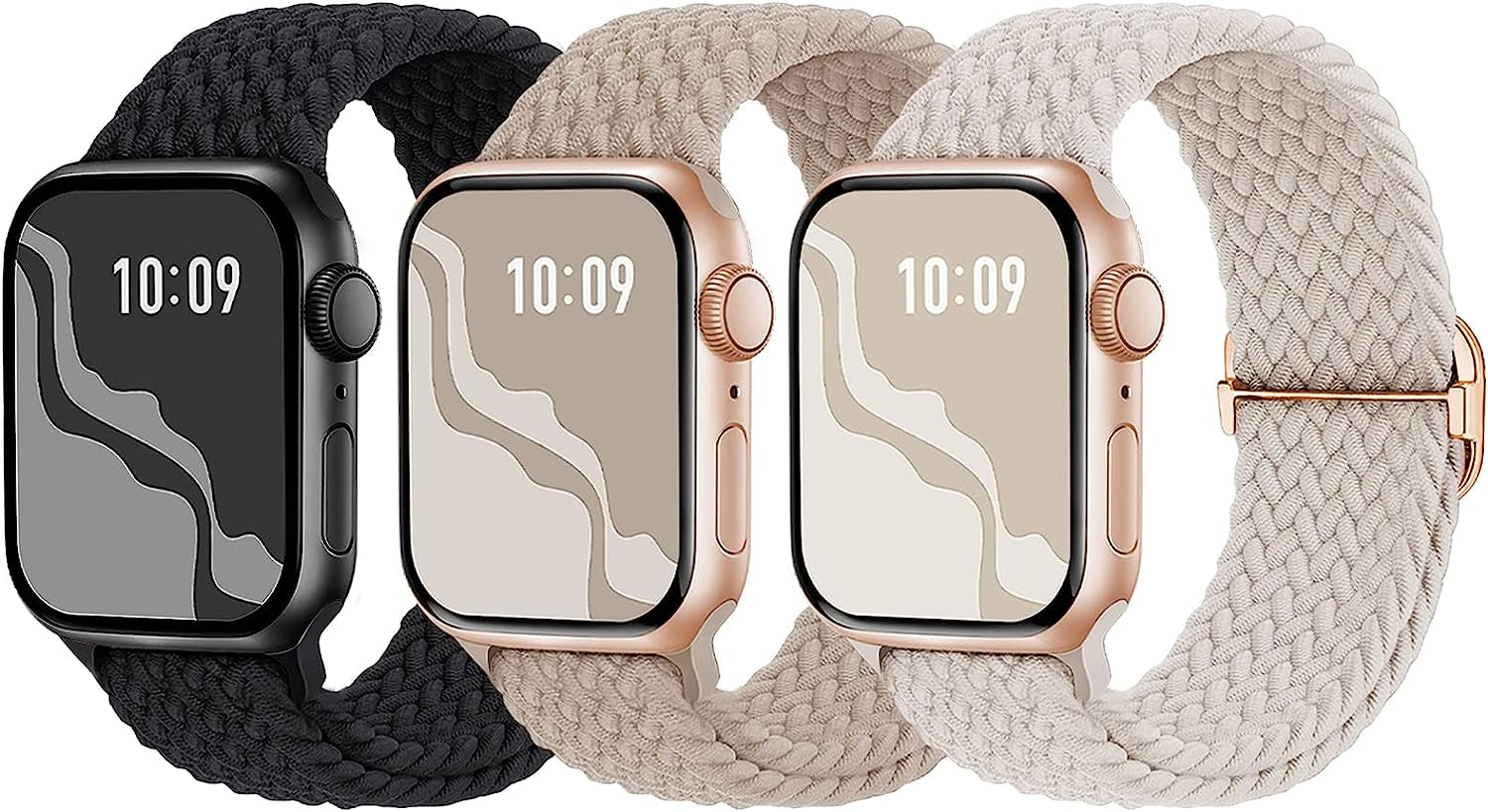Braided Solo Loop Compatible with Apple Watch Band 38Mm 40Mm 41Mm 42Mm 44Mm 45Mm 49Mm for Women Men, Nylon Elastic Straps Wristbands for Iwatch Series Ultra SE 8 7 6 5 4 3 2 1  Suitisbest Black/Starlight/Milktea 42/44/45mm 