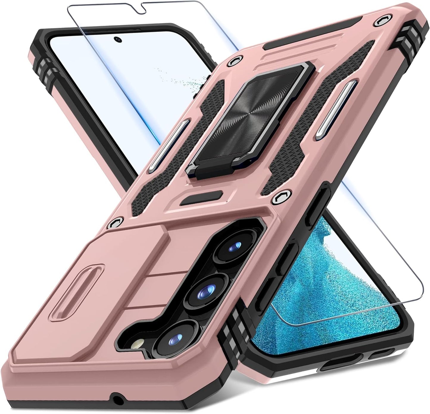 DEERLAMN for Samsung Galaxy S22 Ultra Case with Slide Camera Cover,Built-In Rotated Ring Kickstand [Full Camera Protection] [Military Grade] Heavy Duty Shockproof Protective Case Cover-Black  DEERLAMN Rose Gold Samsung Galaxy S22-6.1 Inch 