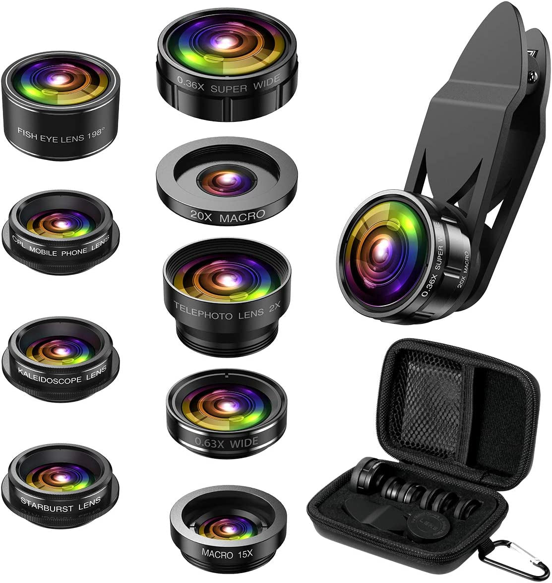 (Newest) Phone Camera Lens, 9 in 1 Lens Kit, Zoom Lens, 0.36X Wide Angle Lens + 0.63X Wide Lens + 15X Macro Lens + 20X Macro Lens + Fisheye Lens + CPL + Starburst Lens Telephoto Lens for Smartphone  Criacr   