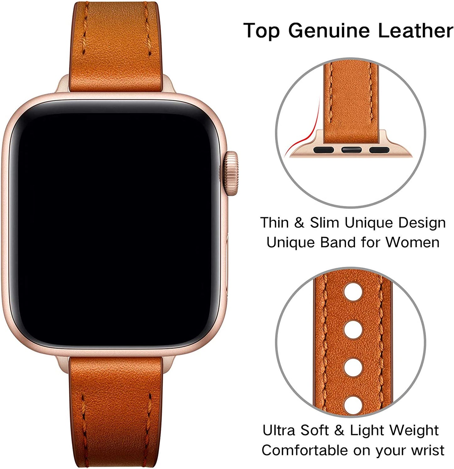 OUHENG Slim Band Compatible with Apple Watch Band 41Mm 40Mm 38Mm, Women Genuine Leather Band Replacement Thin Strap for Iwatch SE SE2 Series 8 7 6 5 4 3 2 1 (Brown/Rose Gold, 41Mm 40Mm 38Mm)  OUHENG   