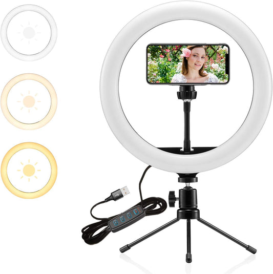 Selfie Ring Light 10" with Tripod Stand and Phone Holder Portable Desk Makeup LED Ring Light with 3 Lighting Colors and 10 Brightness for Photography/Makeup/Video/Live Streaming  Evanee   