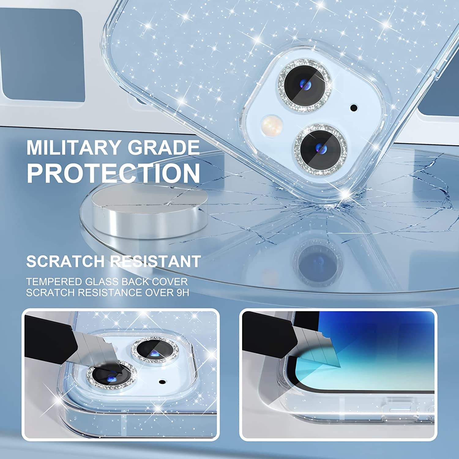 Choiche Compatible for Iphone 14 Case Cute, Women Clear Glitter Bling Sparkly Case, [2 X Diamond Camera Lens Protectors] [2 X Tempered Glass Screen Protectors] 6.1-Inch (Glitter Clear)  Choiche   