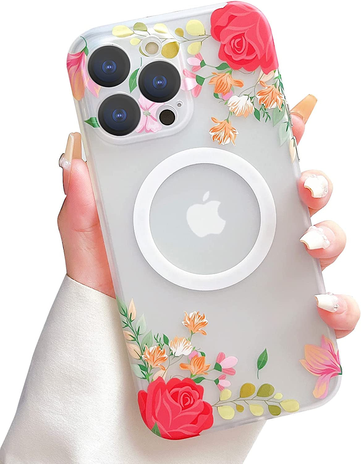 Yeddabox for Iphone 14 Pro Max Case Compatible with Magsafe, Floral Print Magnetic Translucent Matte Lens Camera Protection Flower Phone Case for Iphone 14 Pro Max for Women Girls - Pink  Yeddabox Red  