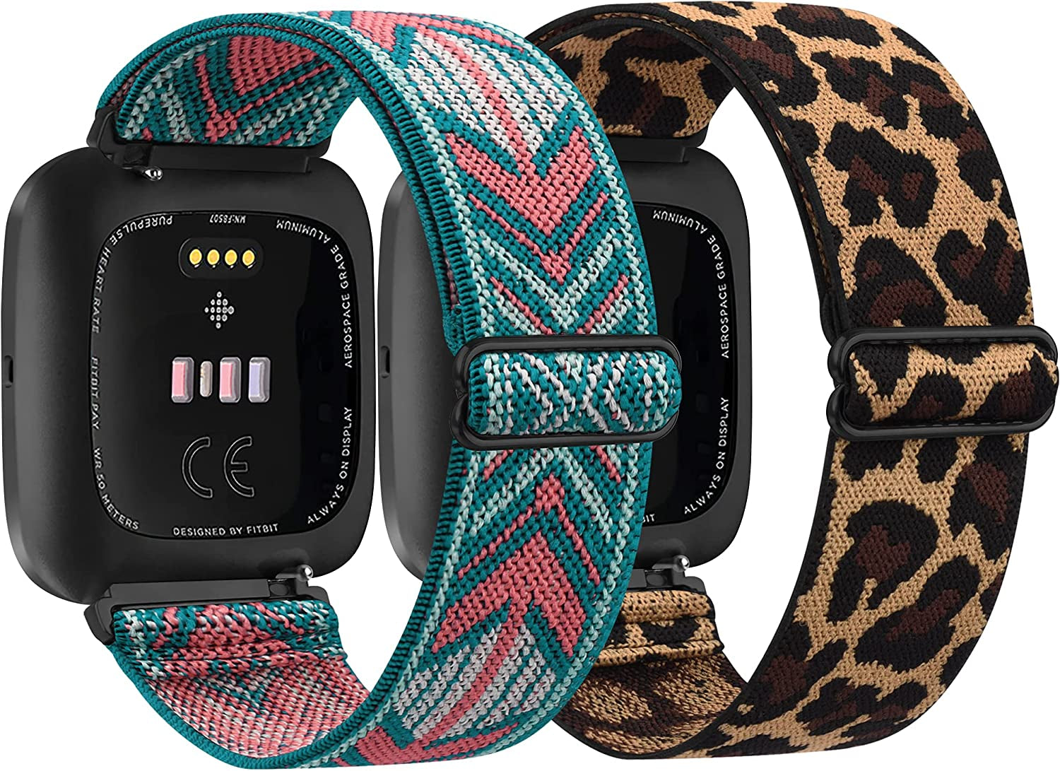 2 Pack Elastic Bands Compatible with Fitbit Versa 2 / Versa/Versa Lite/Versa SE for Women Men, Adjustable Nylon Sport Stretchy Wristband for Fitbit Versa/Versa 2 (Black+Leopard)  Meliya   