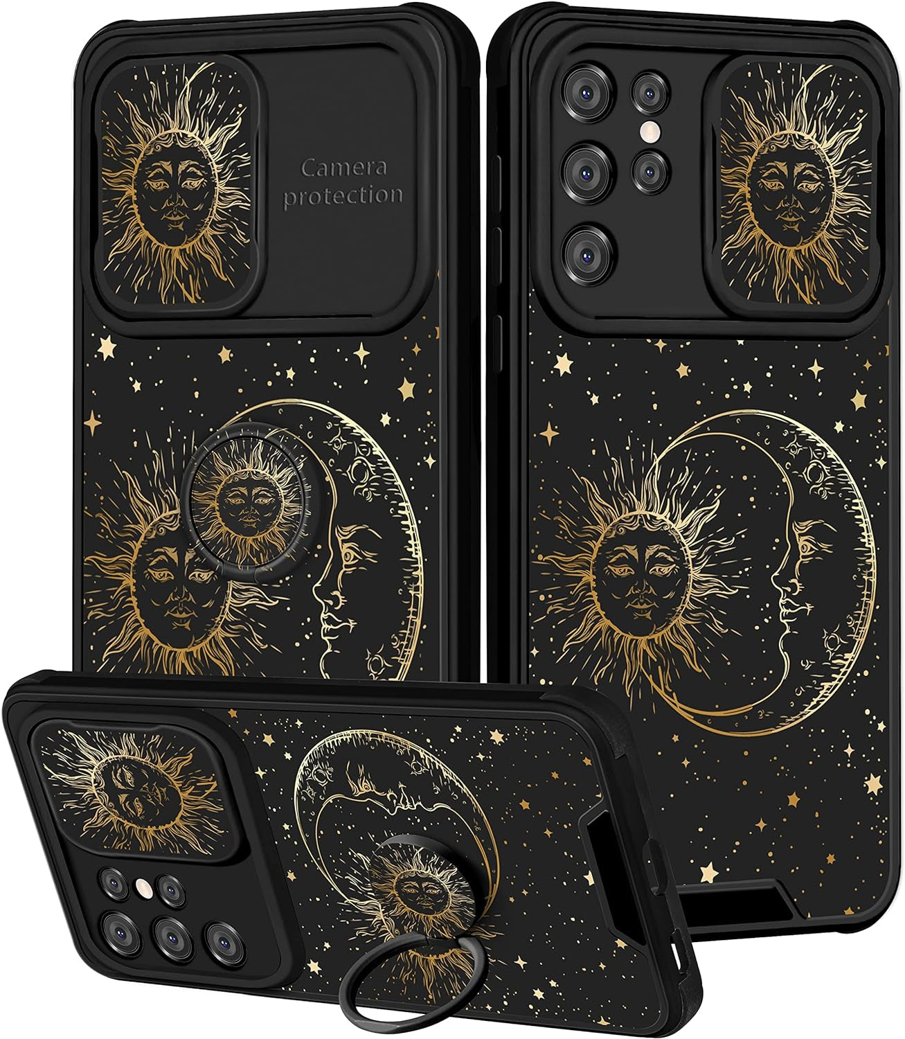 Goocrux for Samsung Galaxy S21 Ultra Case Floral Flowers for Women Girls Cute Girly Phone Cover Blue Flower Plants Design with Slide Camera Cover and Ring Holder Fashion Cases for S21 Ultra 6.8''  Goocrux Sun Moon Star  