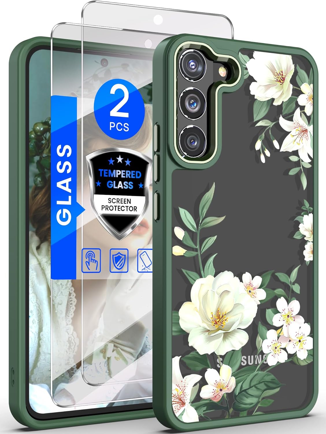 Dretal for Samsung Galaxy S22 plus 5G Case Floral, Galaxy S22+ Case, Military Grade Drop Tested Hard Back & Soft Edge Slim Flower Women Girls Protective Cover +Tempered Glass Screen Protector (Purple)  Dretal Green  