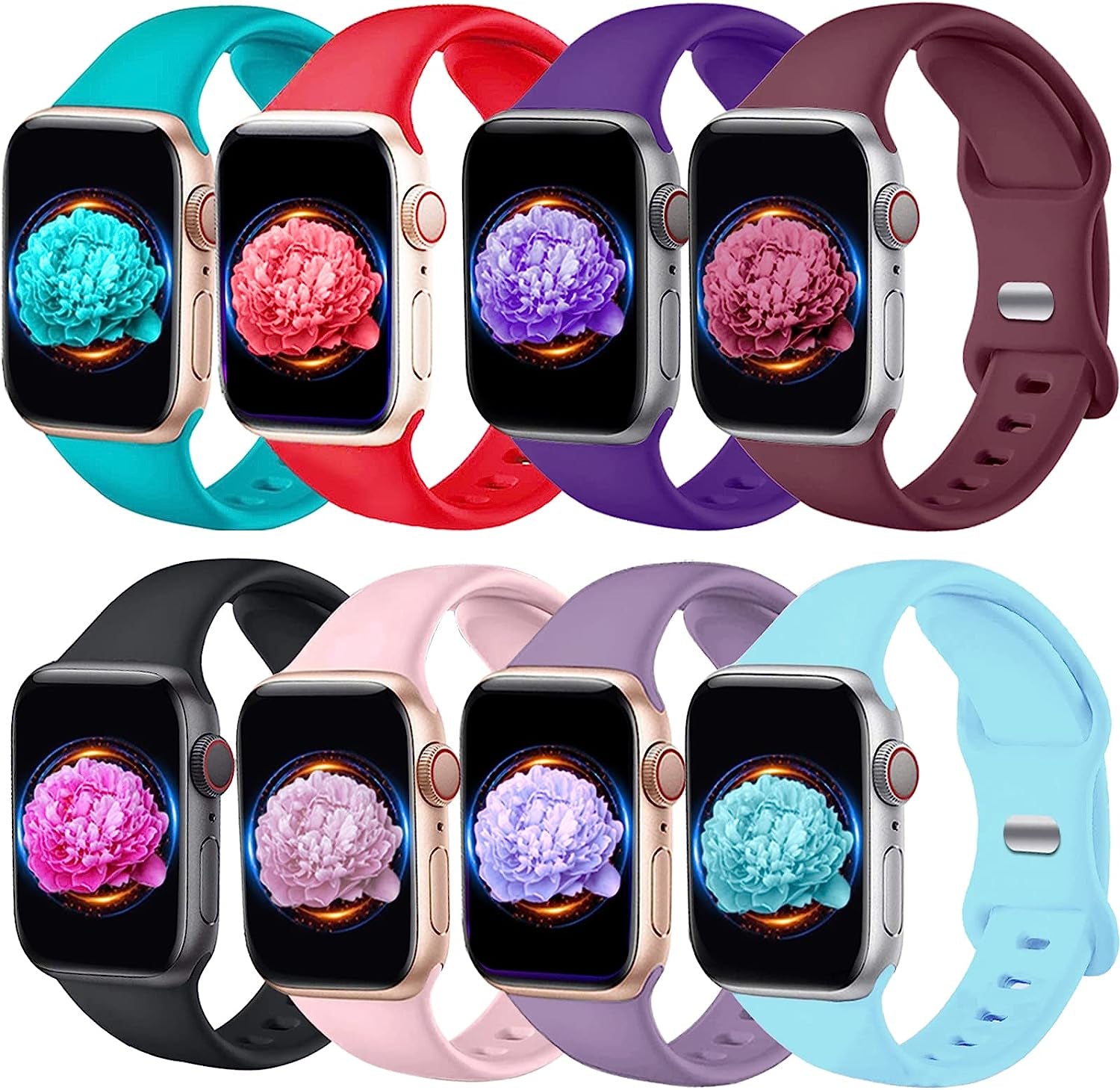 8 Pack Bands Compatible with Apple Watch Band 38Mm 40Mm 41Mm 42Mm 44Mm 45Mm 49Mm for Women Men, Breathable Soft Silicone Waterproof Sport Strap Compatible with Iwatch Series Ultra 8 7 6 5 4 3 2 1 SE  Brigtlaiff Black/Wine Red/Pink Sand/Red/Turquoise/Teal/Purple/Light Purple 42mm/44mm/45mm/49mm 