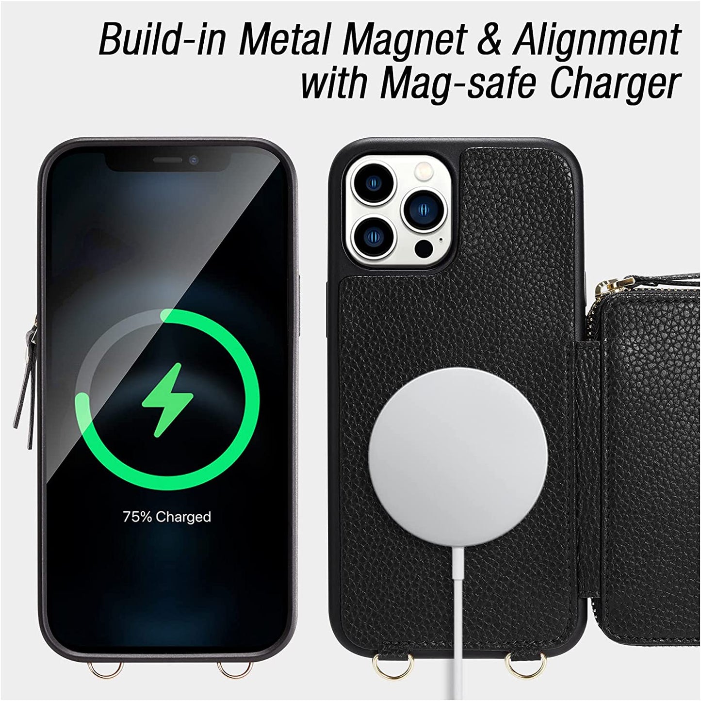 ZVE Iphone 14 Pro Crossbody Wallet Case Magsafe, Phone Case with RFID Blocking Card Holder Wrist Strap for Women, Zipper Leather Cover for Iphone 14 Pro, 6.1"-Black  ZVE   