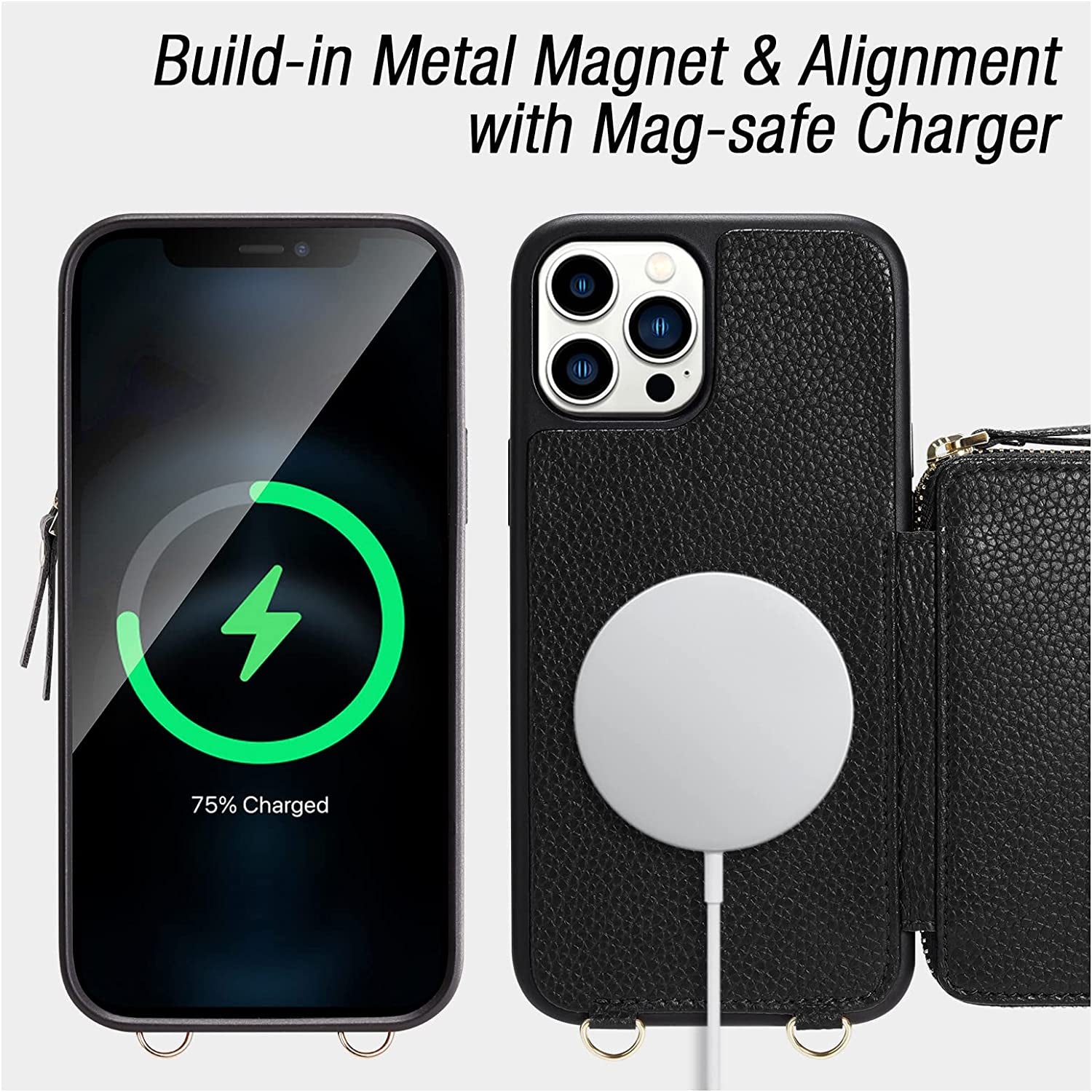 ZVE Iphone 14 Pro Crossbody Wallet Case Magsafe, Phone Case with RFID Blocking Card Holder Wrist Strap for Women, Zipper Leather Cover for Iphone 14 Pro, 6.1"-Black  ZVE   