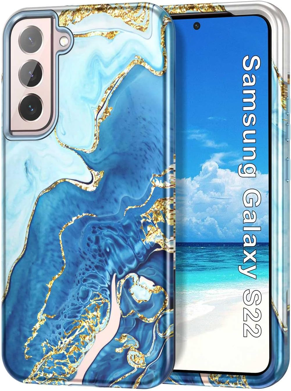 Btscase for Samsung Galaxy S22 5G Case,Marble Pattern 3 in 1 Heavy Duty Shockproof Full Body Rugged Hard Pc+Soft Silicone Drop Protective Women Girl Cover for Samsung Galaxy S22,Dreamland River/Purple  Btscase Blue White  