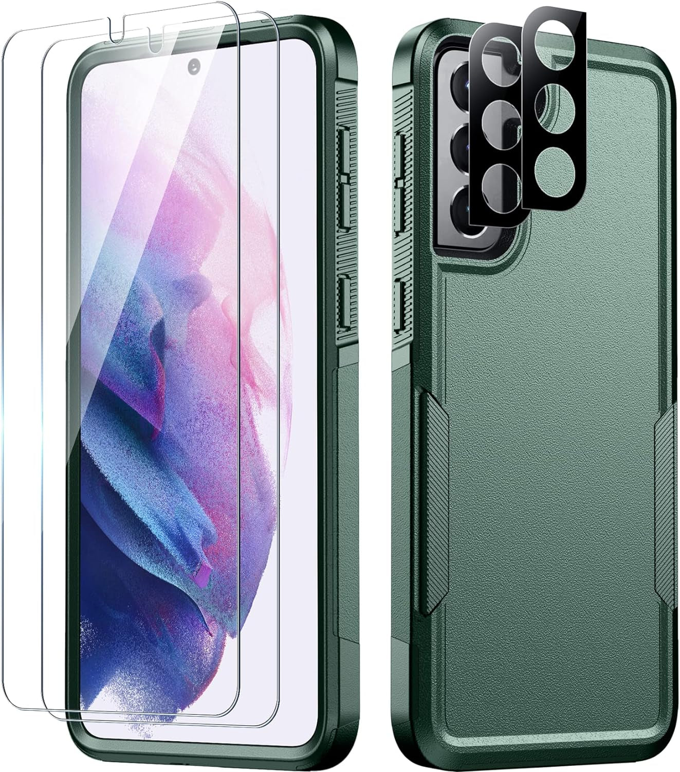 SPIDERCASE for Samsung Galaxy S21 Case,[10 FT Military Grade Drop Protection] [2 Tempered Glass Screen Protector+2 Tempered Camera Lens Protector] Heavy Duty Shockproof Cover for Galaxy S21,Black  SPIDERCASE Dark Green  