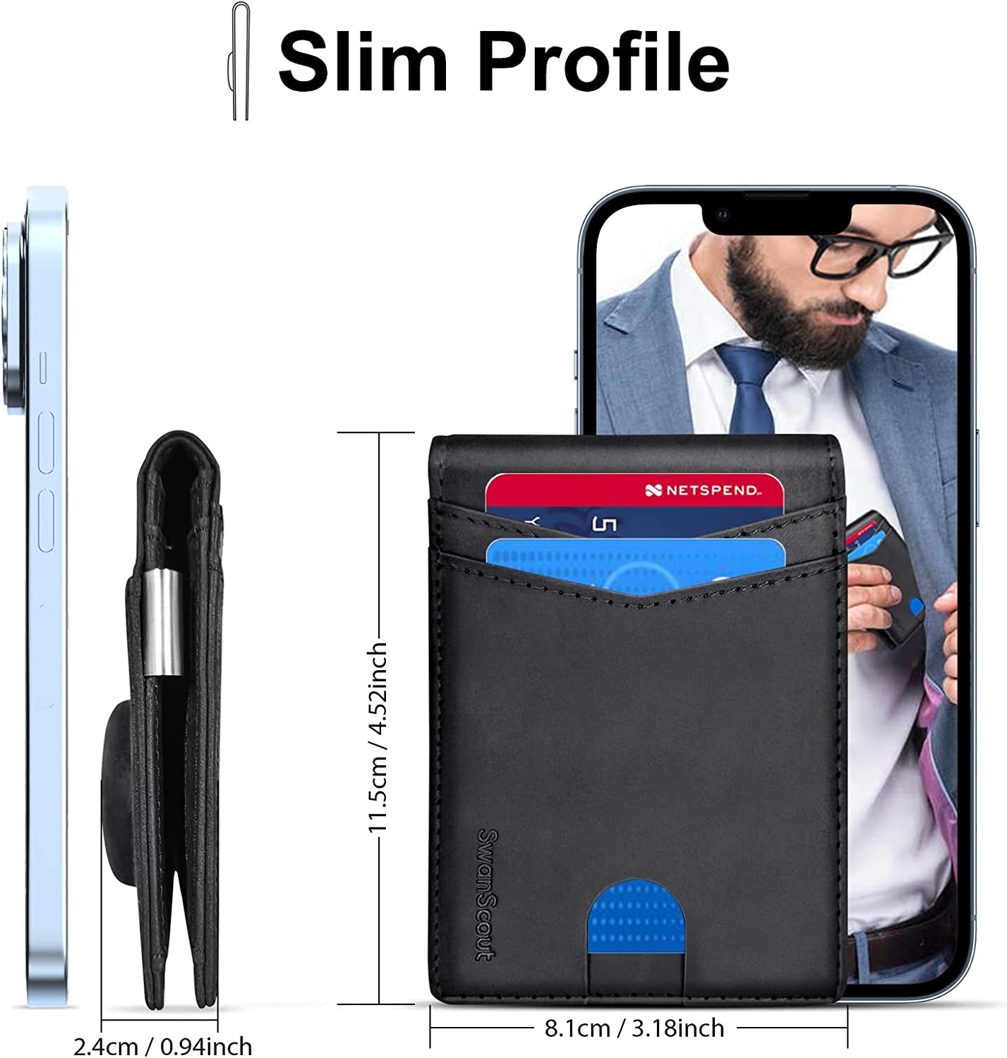 Swanscout Wallet for Smarttag & Smarttag+ Plus, Money Clip Version, RFID Blocking Genuine Leather Bifold Wallet with Gift Box (Black)  Shenzhen Xuanfeng Innovations Technology Co., Ltd.   