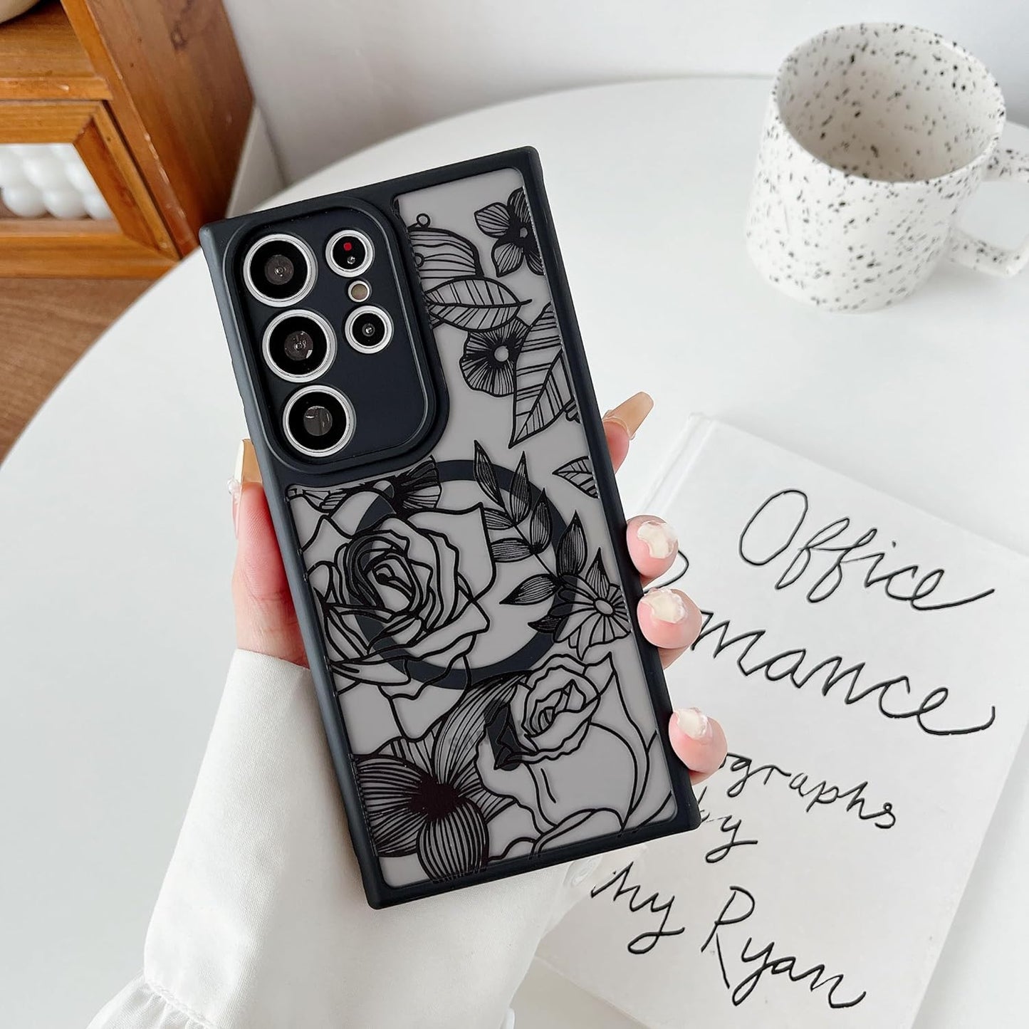 XIZYO for Samsung Galaxy S21 Ultra Case Floral Rose Phone Case Cute Aesthetic Phone Case for Women Girls Clear Back Cover Pattern Slim Anti-Yellow Shockproof TPU Bumper Case, Black  XIZYO Magnet Black  