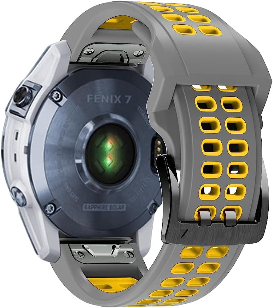 REYDA Silicone Band Compatible for Garmin Fenix 7/6/6 Pro/5/5 Plus, Soft Breathable Silicone Metal Bracelet Sport Wristband Replacement Band for Garmin Forerunner 935/945/955/965/Approach S60/S62  REYDA Grey/Yellow  