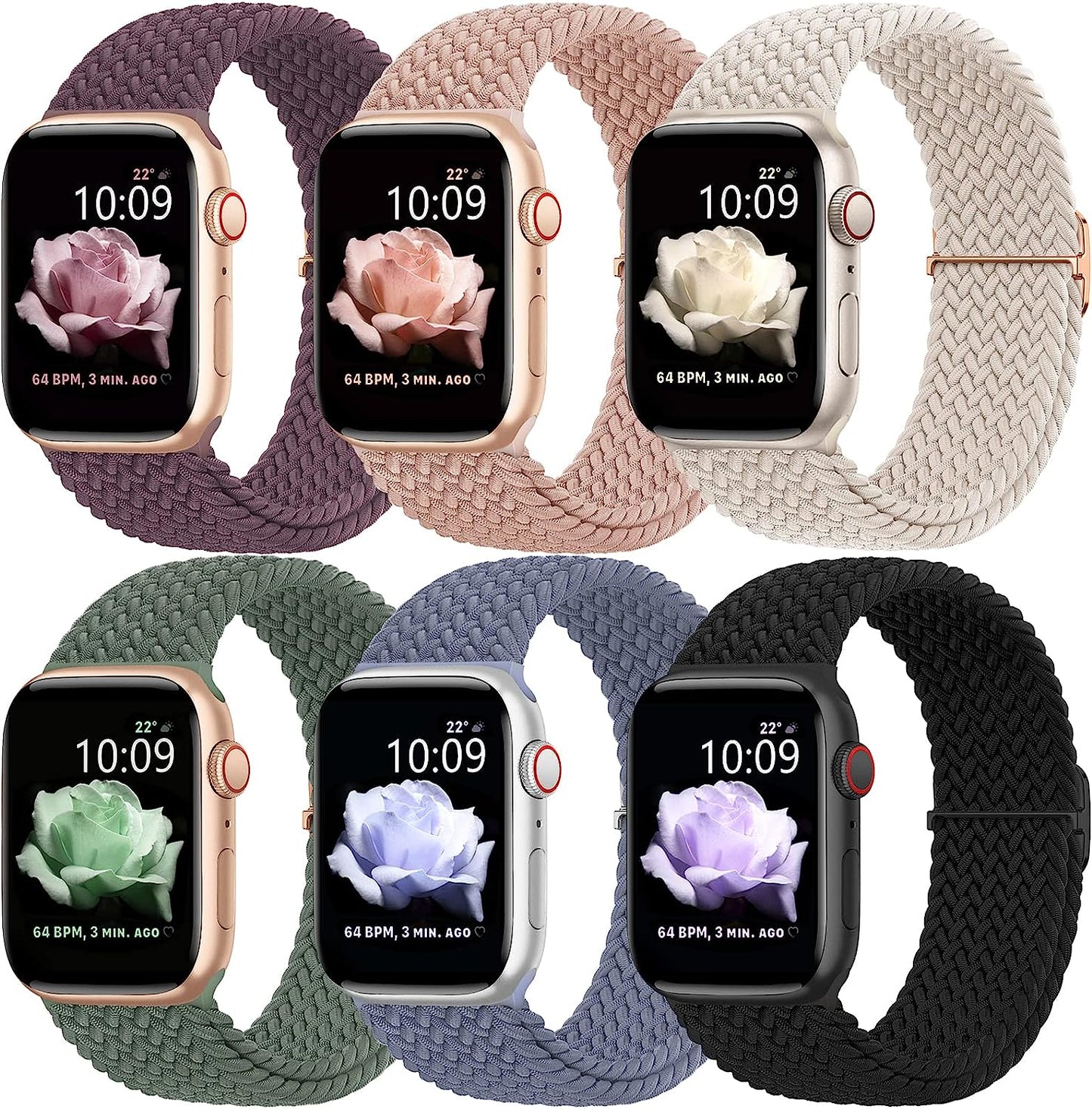 WANLISS Braided Bands Compatible with Apple Watch Band 38Mm 40Mm 41Mm 42Mm 44Mm 45Mm 49Mm for Women Men,Solo Loop Elastic Stretchy Straps Wristbands for Iwatch Series SE 8 7 6 5 4 3 2 Ultra,6Packs  WANLISS B,Cactus/Blue Gray/Black/Smoke Violet/Nude Pink/Starlight 38MM/40MM/41MM 