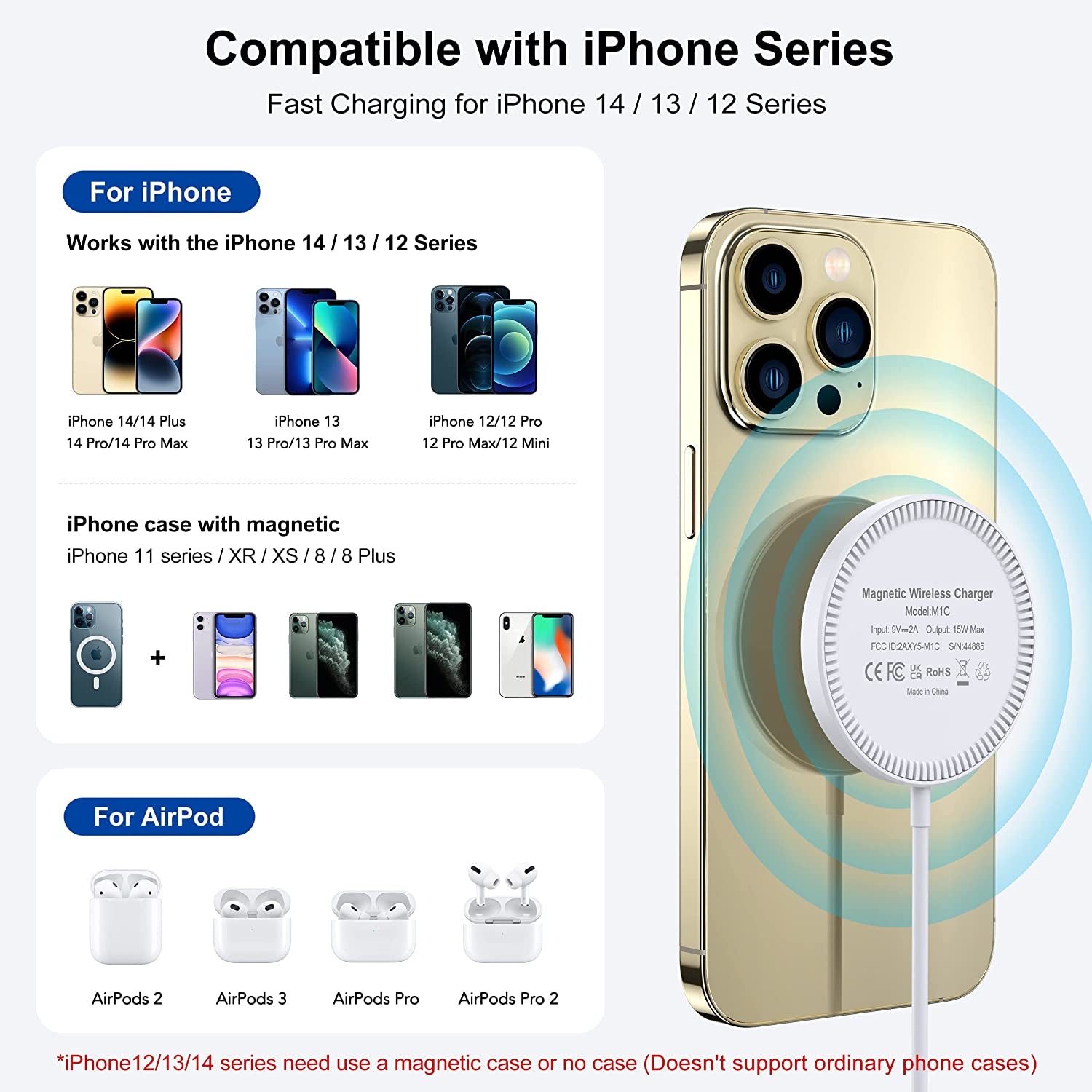 Magnetic Wireless Charger, 15W Magnetic Charging Pad with 20W USB C PD Adapter, Mag-Safe Charger Compatible with Iphone 14/Pro/Max/Plus/13/12 Series, Airpods 3/Pro 2/Pro  CUCICU   