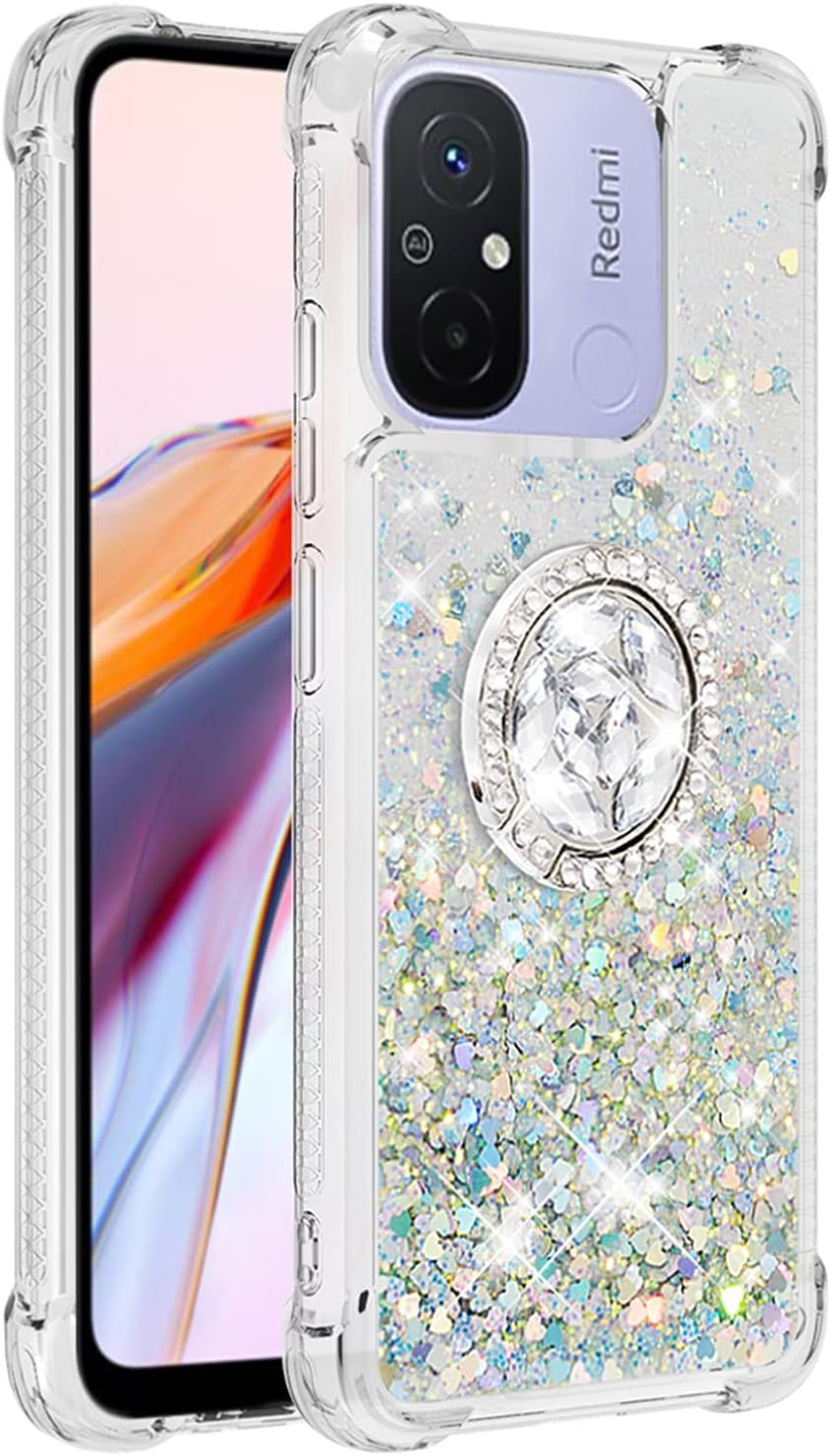 Tncavo for Xiaomi Redmi 12C Case for Woman, Moving Liquid Holographic Sparkle Glitter Cases with Diamond Ring Soft Clear TPU Luxury Girly Cute Phone Cover for Xiaomi Redmi 12C LSZ Silver  Tncavo   