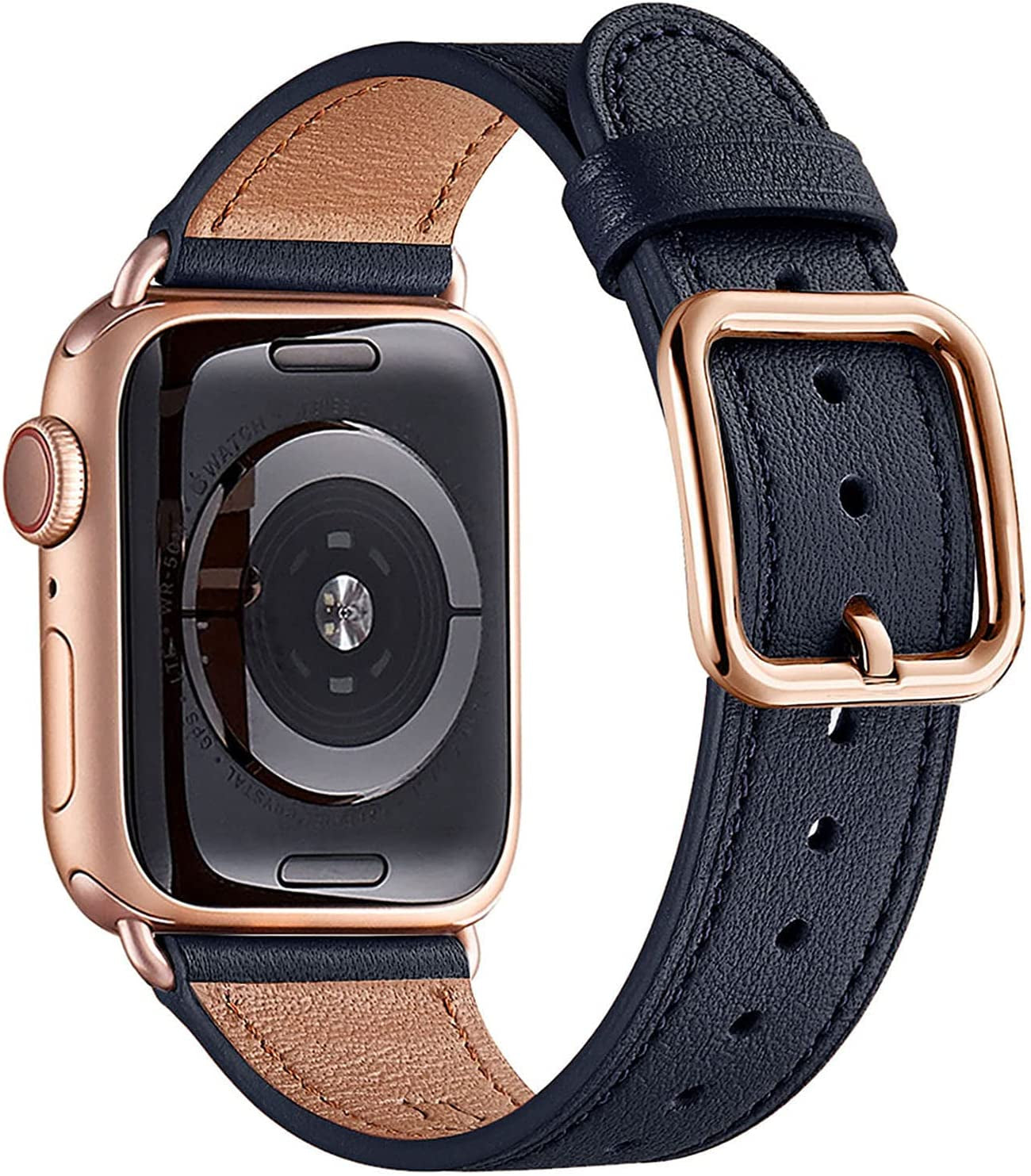 MNBVCXZ Compatible with Apple Watch Band 38Mm 40Mm 41Mm 42Mm 44Mm 45Mm 49Mm Women Men Girls Boys Genuine Leather Replacement Strap for Iwatch Series 8 7 6 5 4 3 2 1 Iwatch Ultra SE (Pink Sand/Rose Gold)  MNBVCXZ-US Dark blue/Rose gold 42mm 44mm 45mm 49mm 