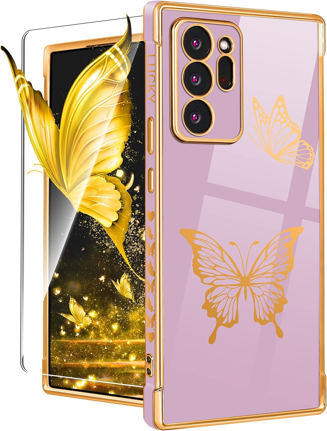 Coralogo for Samsung Galaxy Note 20 Ultra Case Butterfly for Women Girls Girly Pretty Phone Cases Cute Blue Gold Plating Butterflies Design with Screen Aesthetic Cover for Galaxy Note 20 Ultra 5G 6.9"  Coralogo 1-Purple  