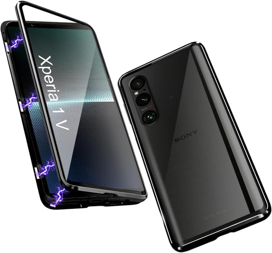 QUIETIP Case Compatible with Sony Xperia 1 V 5G,Magnetic Body Metal Frame Double Sided Clear Tempered Glass Shockproof with Camera Protection Cover Thin,Black  QUIETIP   