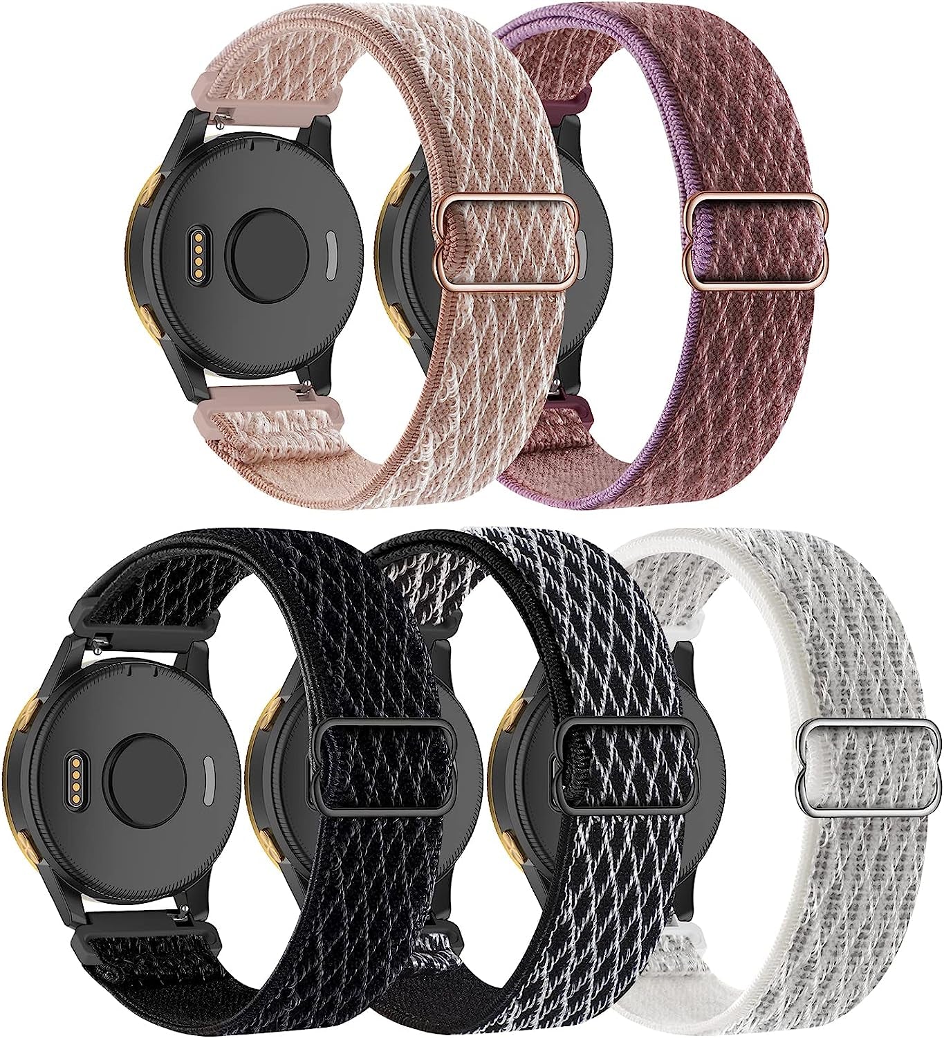 Oanux Stretchy Bands Compatible with Garmin Forerunner 245/245 Music/Venu/Vivoactive 3/Venu Sq/Vivoactive 3 Music/Vivomove Hr/Forerunner 645/645 Music/Venu 2 Plus(5 Pack)  Oanux Dark Black/ Black White/ Reflective White/ Rose Pink/ Plum  