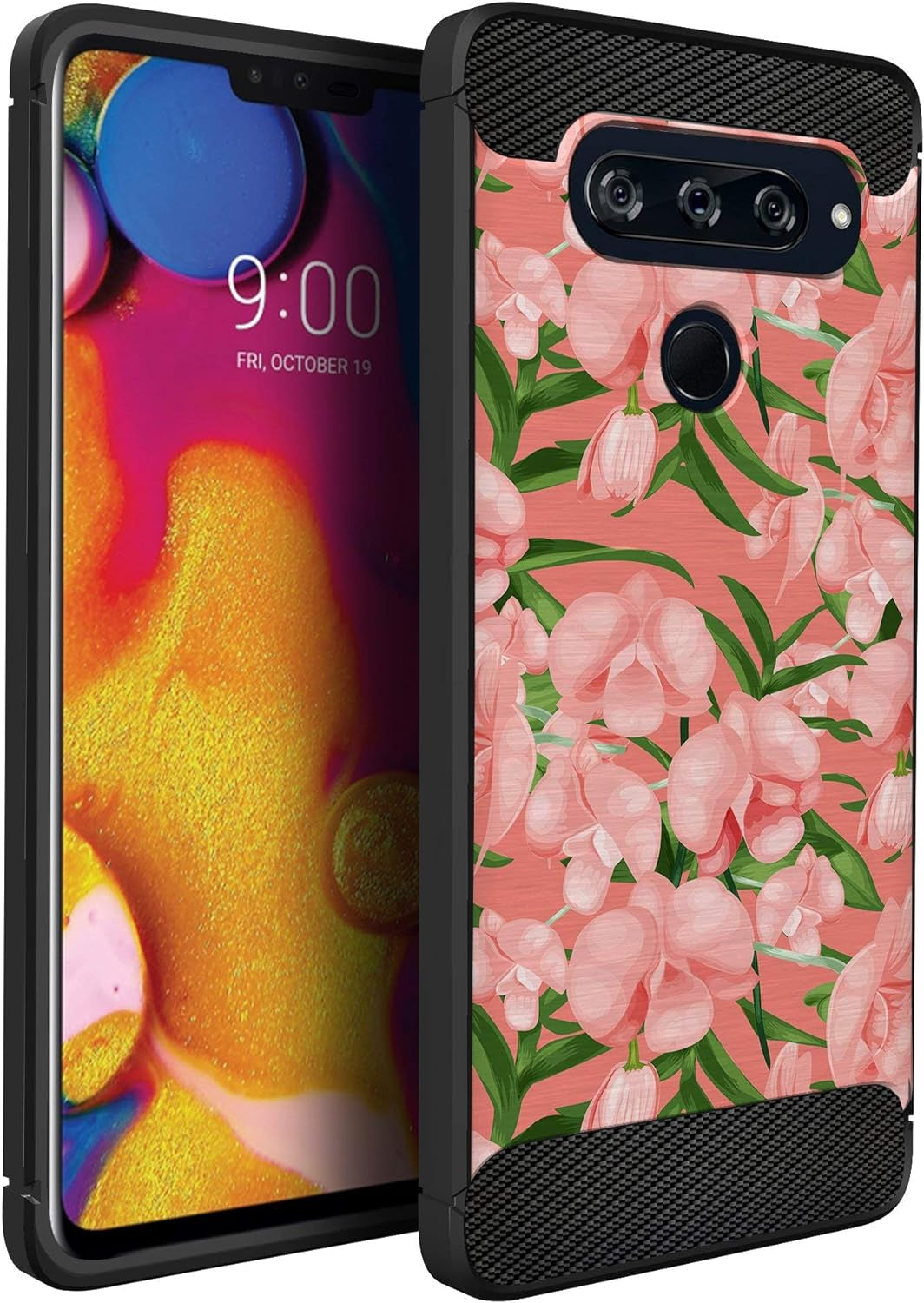 Casesondeck Case Compatible with [LG V40 Thinq] Tribal Floral Matte TPU Flexible Carbon Fiber Textured (Dreamcatcher)  CasesonDeck Pink Flowers 2  