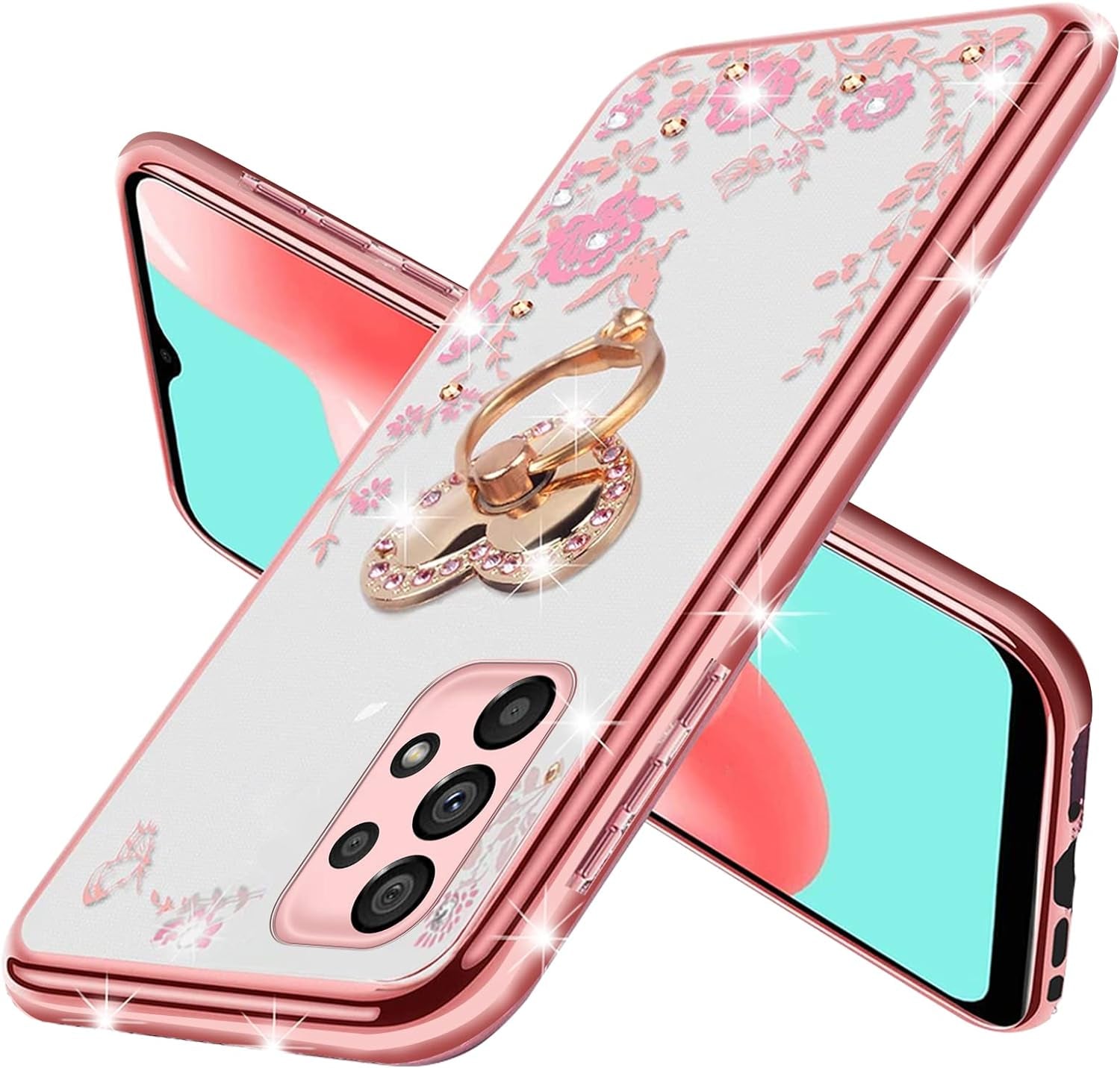 For Samsung Galaxy A53 Case, A53 5G Case for Women Glitter Crystal Butterfly Heart Floral Soft TPU Luxury Bling Cute Protective Cover with Kickstand Strap for Samsung A53 5G (Rose Gold)  KuDiNi   