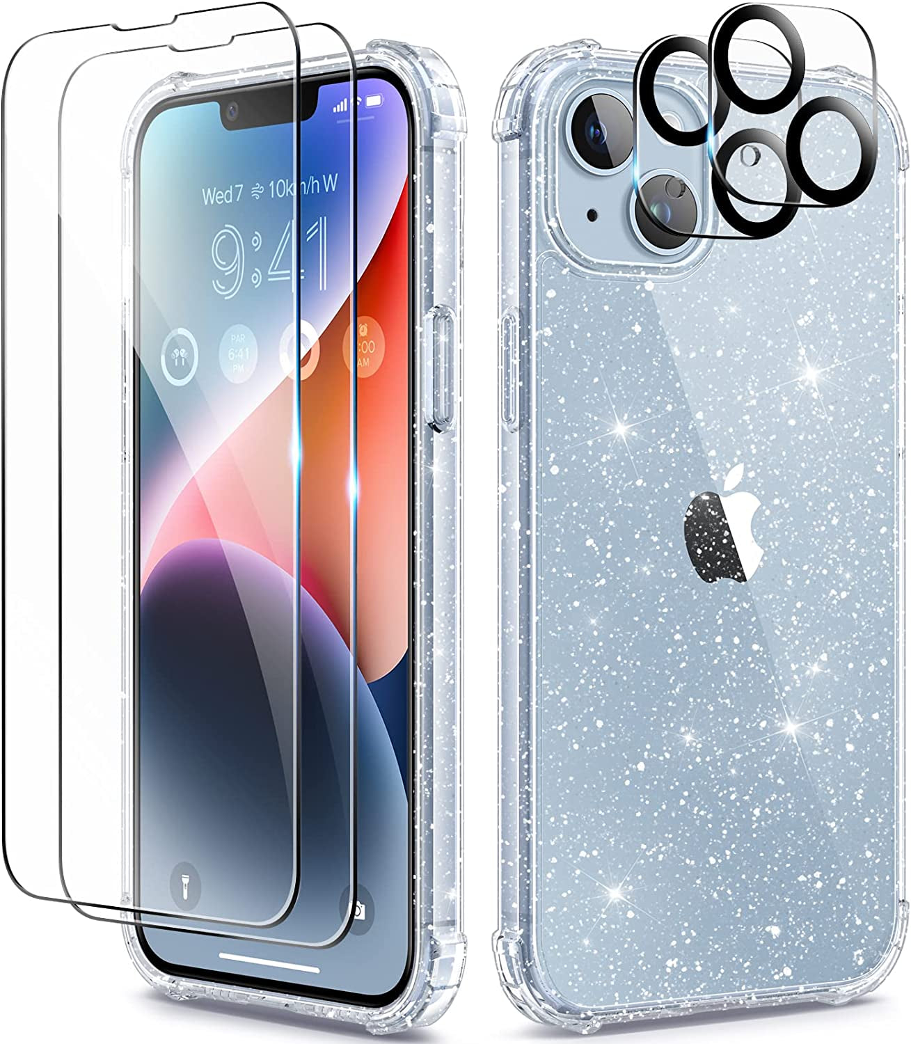 BERFY for Iphone 14 Case Glitter, with 2X Screen Protector + 2X Camera Lens Protector, [Not Yellowing] Sparkly Crystal Shockproof Hard Back Slim Protective Phone Cover for Women, 6.1" (Glitter Clear)  BERFY Glitter Clear iPhone 14 6.1 inch 