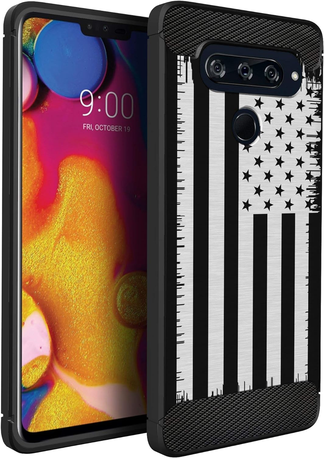 Casesondeck Case Compatible with LG V40 Thinq - Soft Fitted Flexible TPU Cover Shock Protection (Blue Future Skull)  CasesonDeck Black White Us Flag  